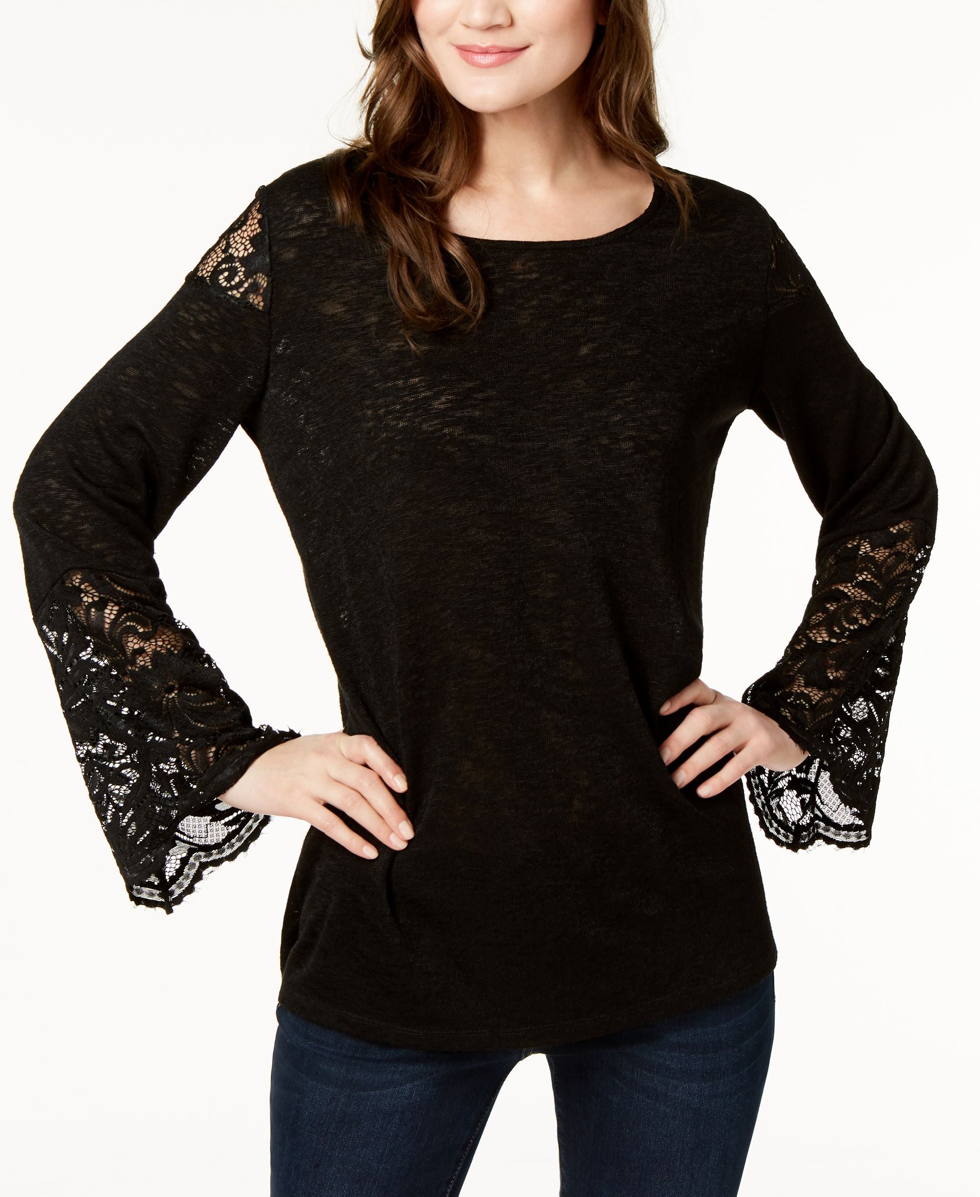 Alfani Women Petite Lace-Trim Bel-Sleeve Top Deep Black PP