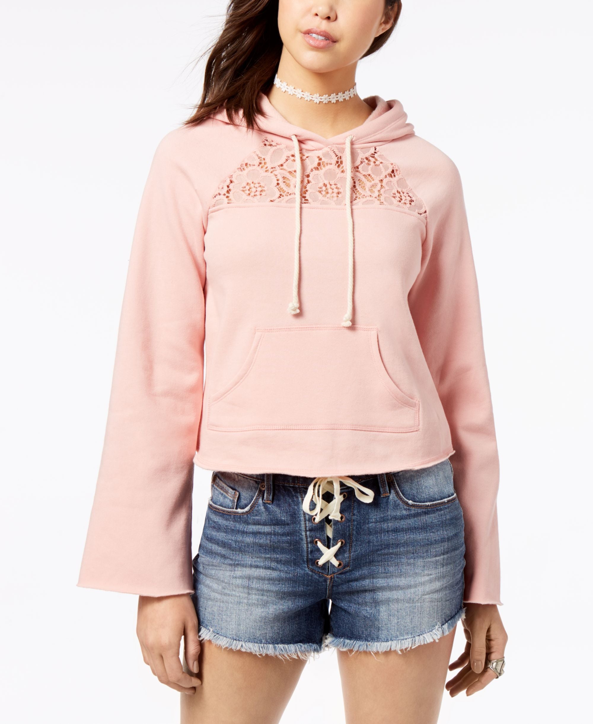 Juniors' Lace-Trim Bell-Sleeve Hoodie