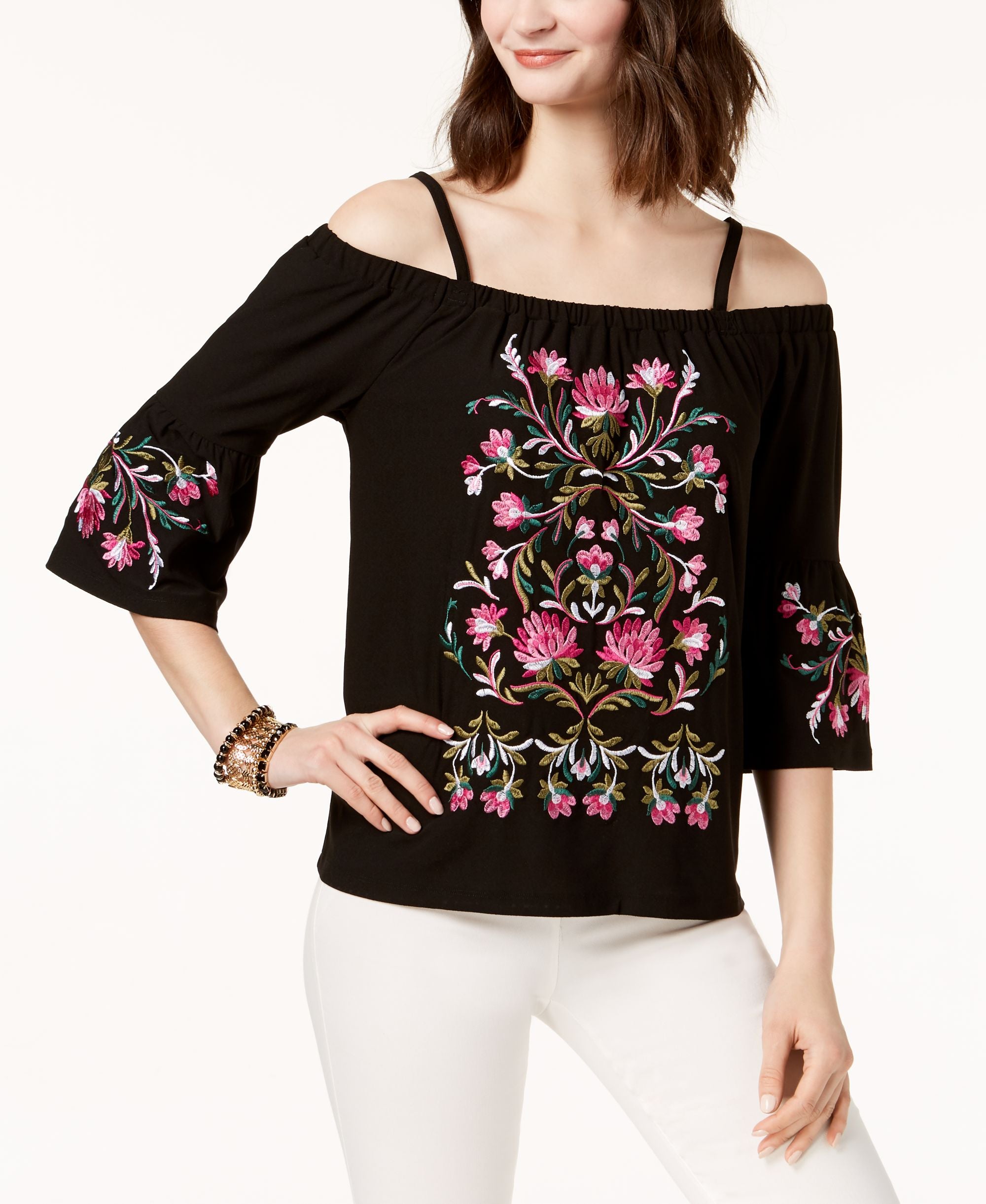 Cold Shoulder Embroidered Top