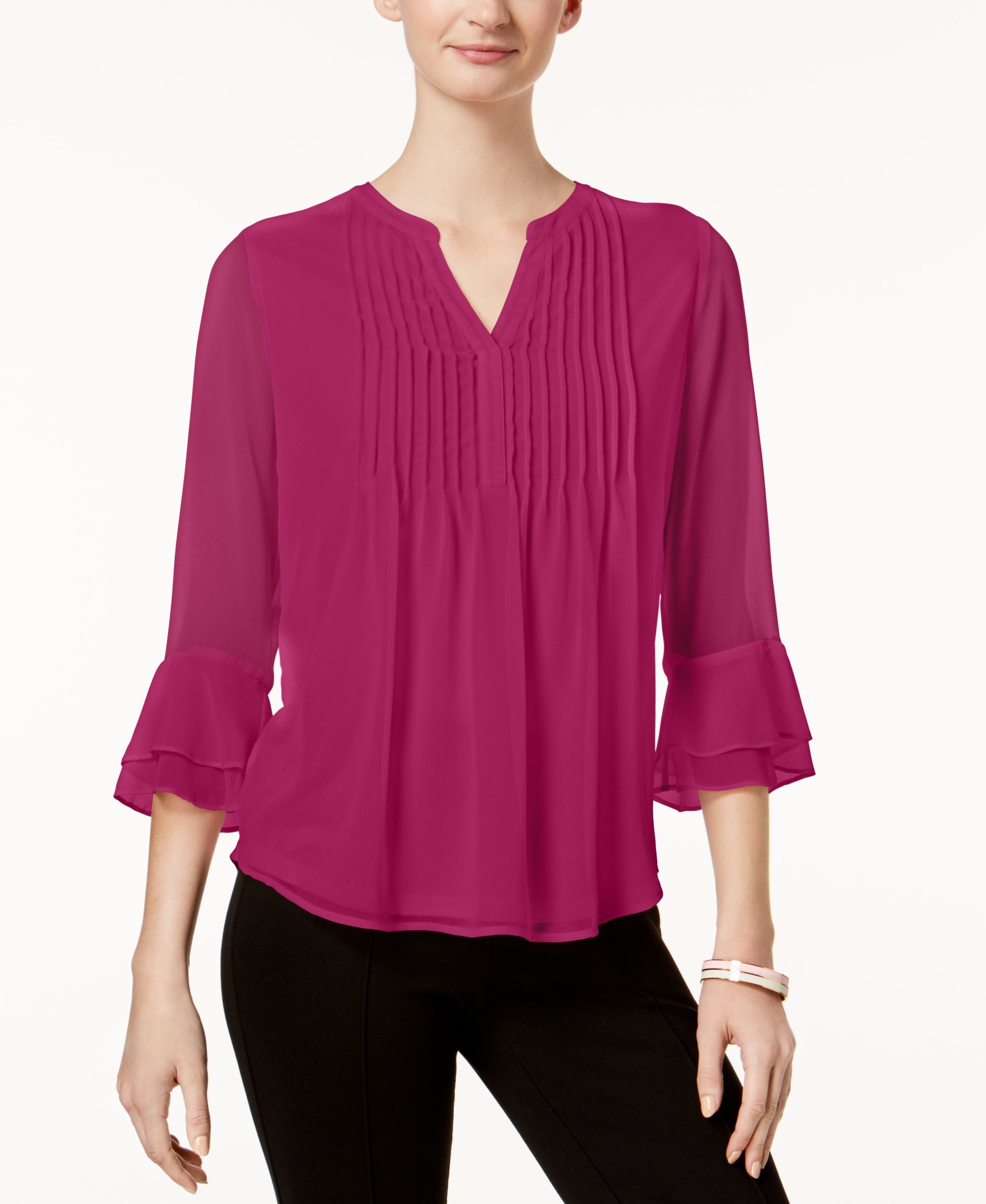 Charter Club Double Ruffle Solid Pintuck Top