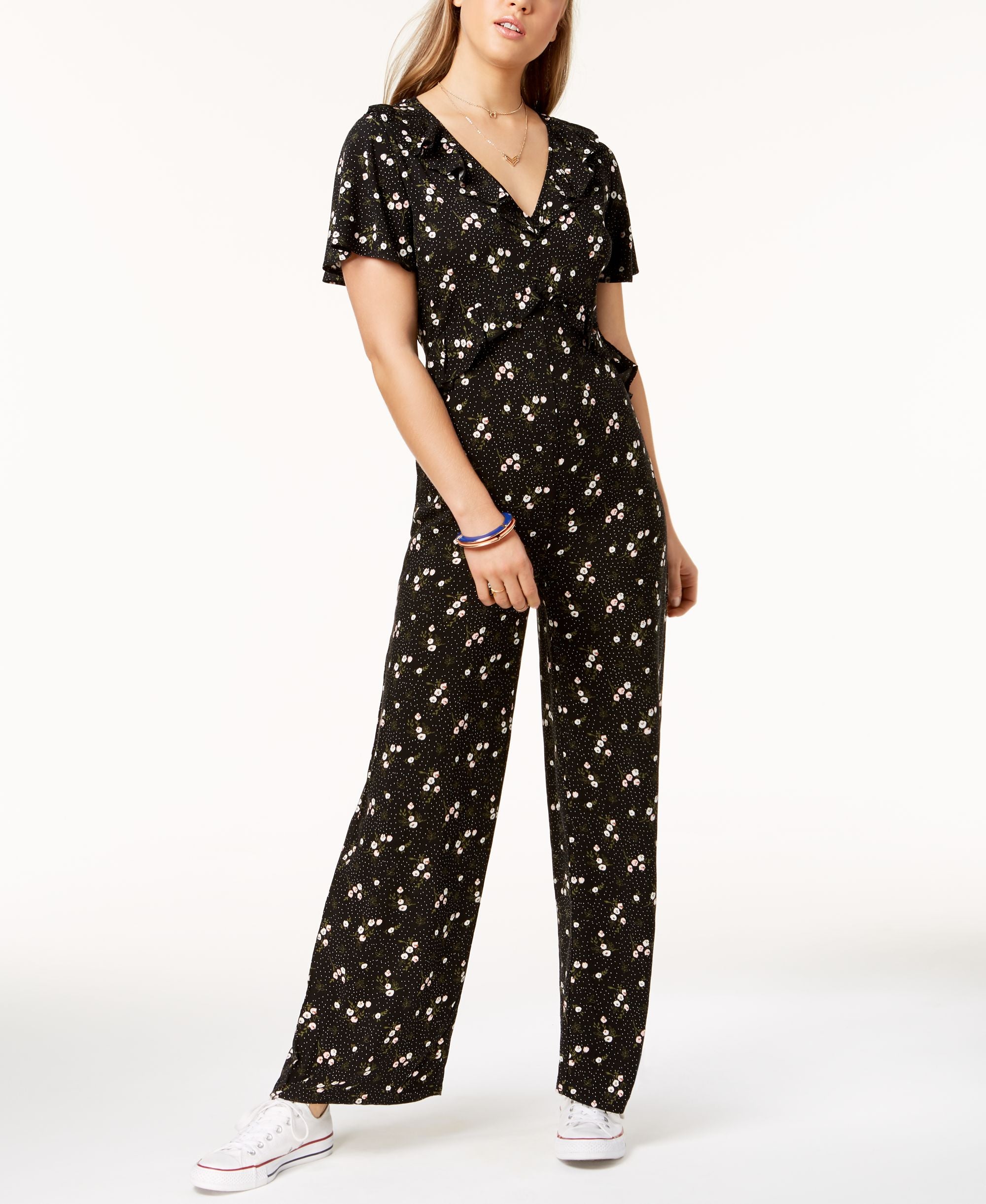One Hart Juniors Printed Ruffled Jumpsuit