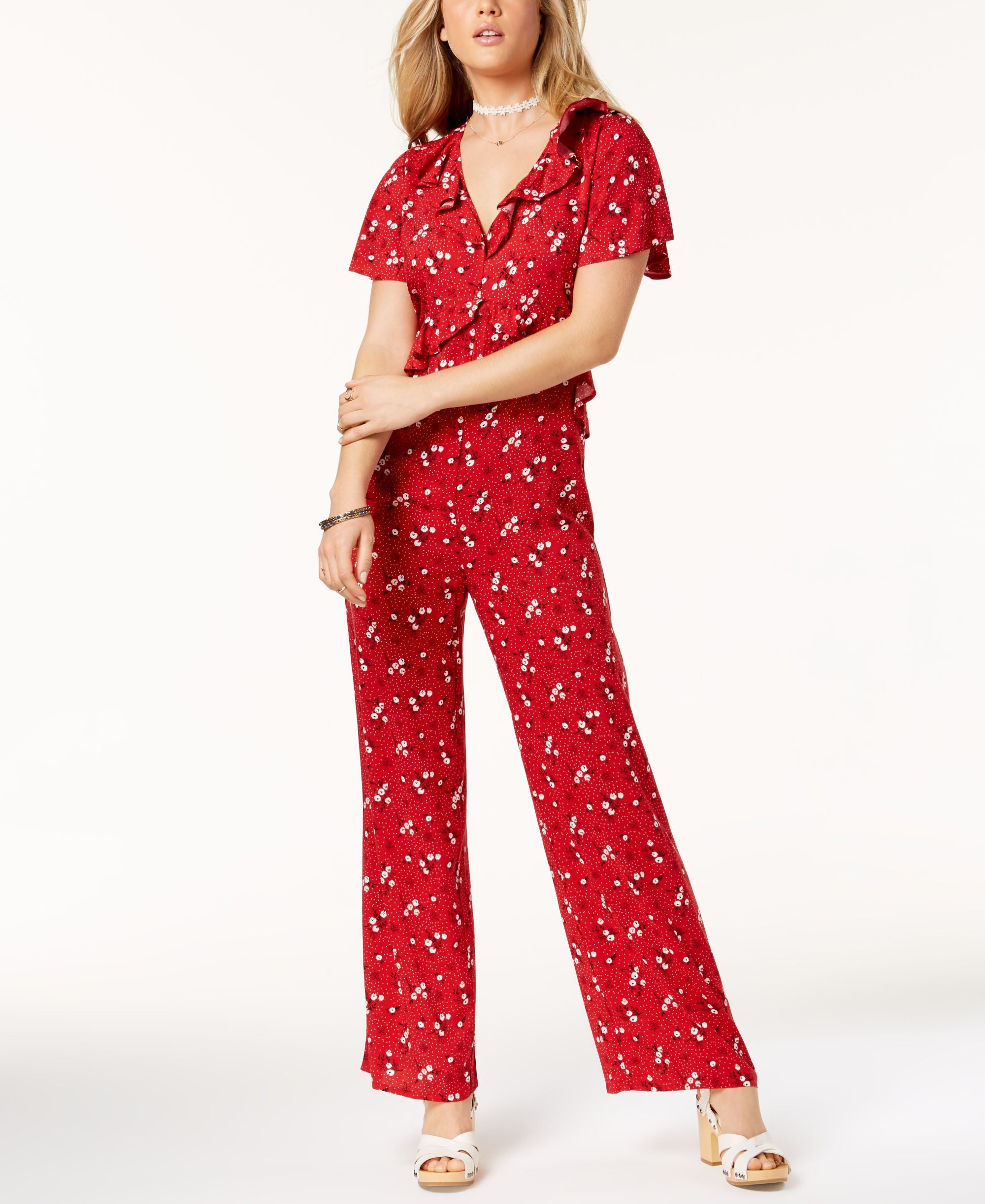 One Hart Juniors Printed Ruffled Jumpsuit
