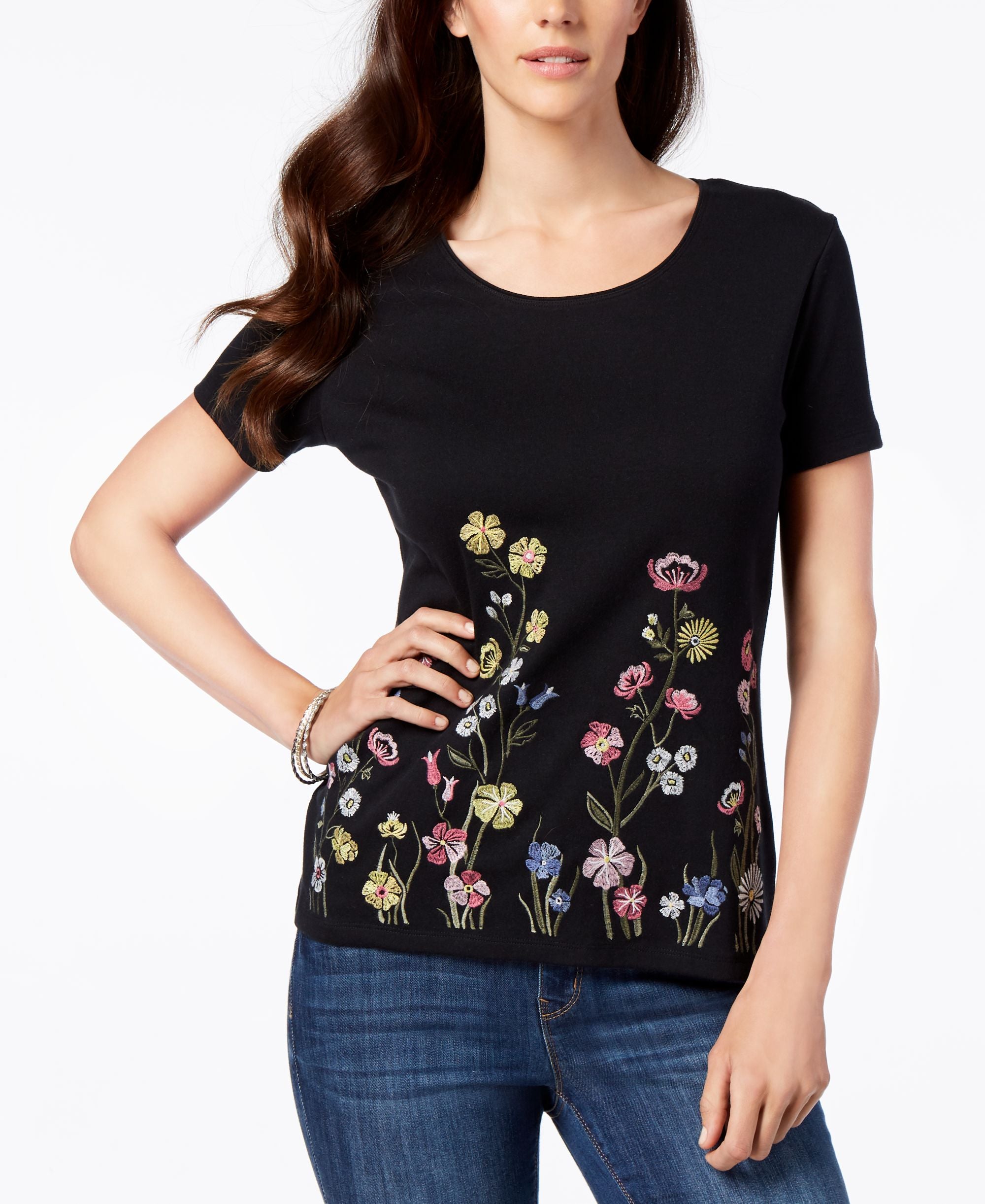 Karen Scott Embroidered Scoop Neck T-Shirt