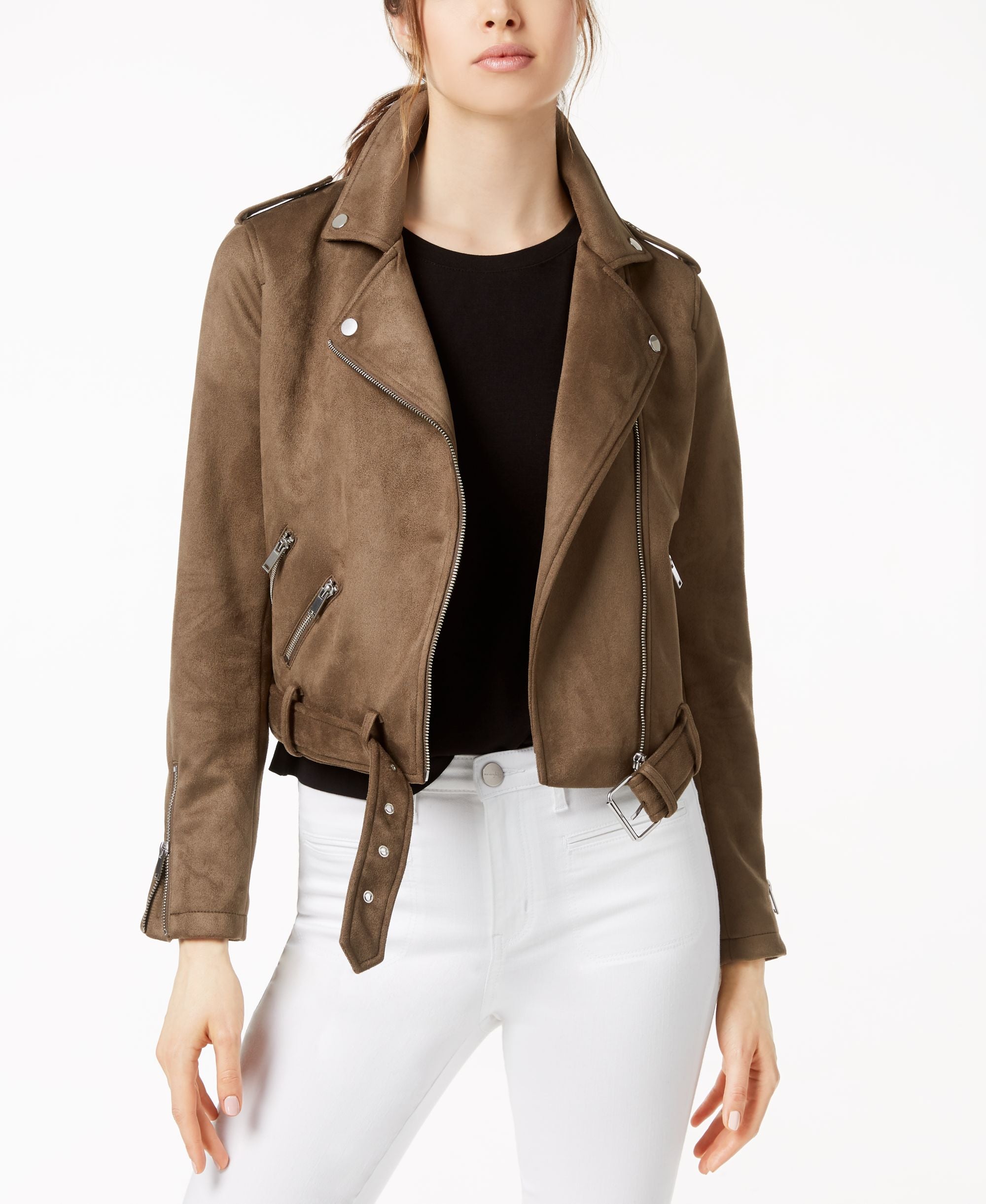 Bar III Faux Suede Belted Moto Jacket