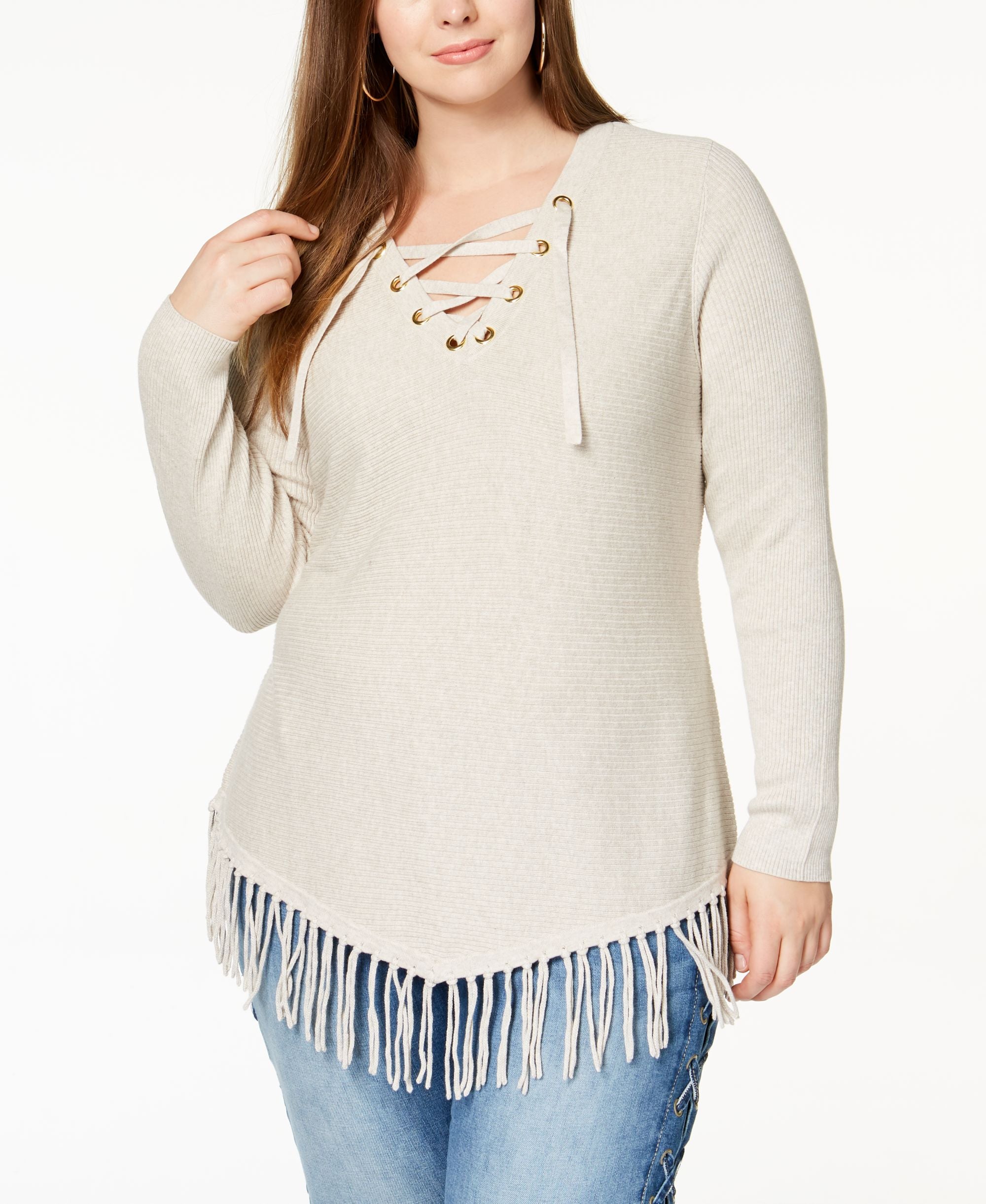 Plus Size Lace Up Fringe Tunic Sweater