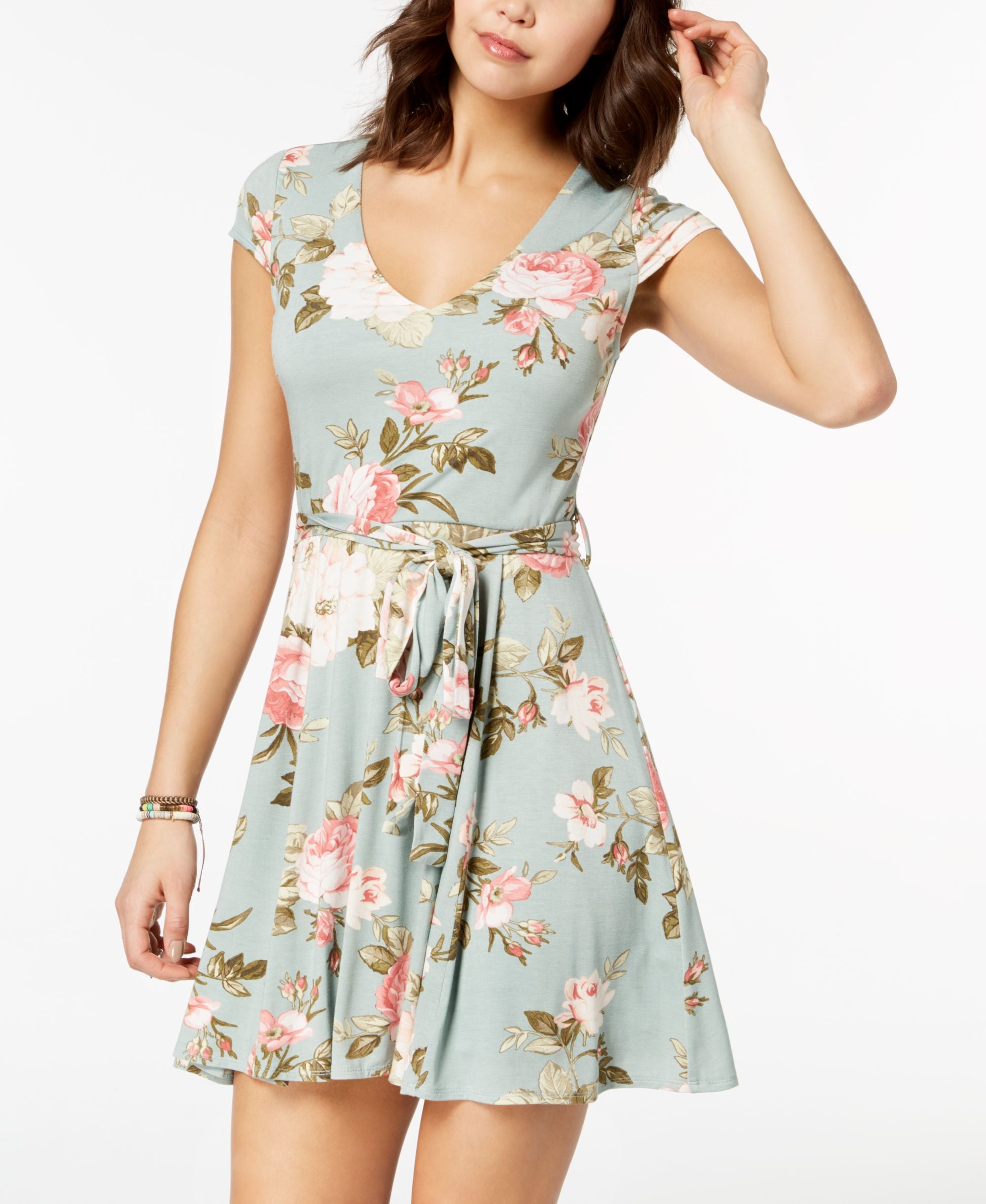 Emerald Sundae Juniors Printed Belted Fit Flare Dress