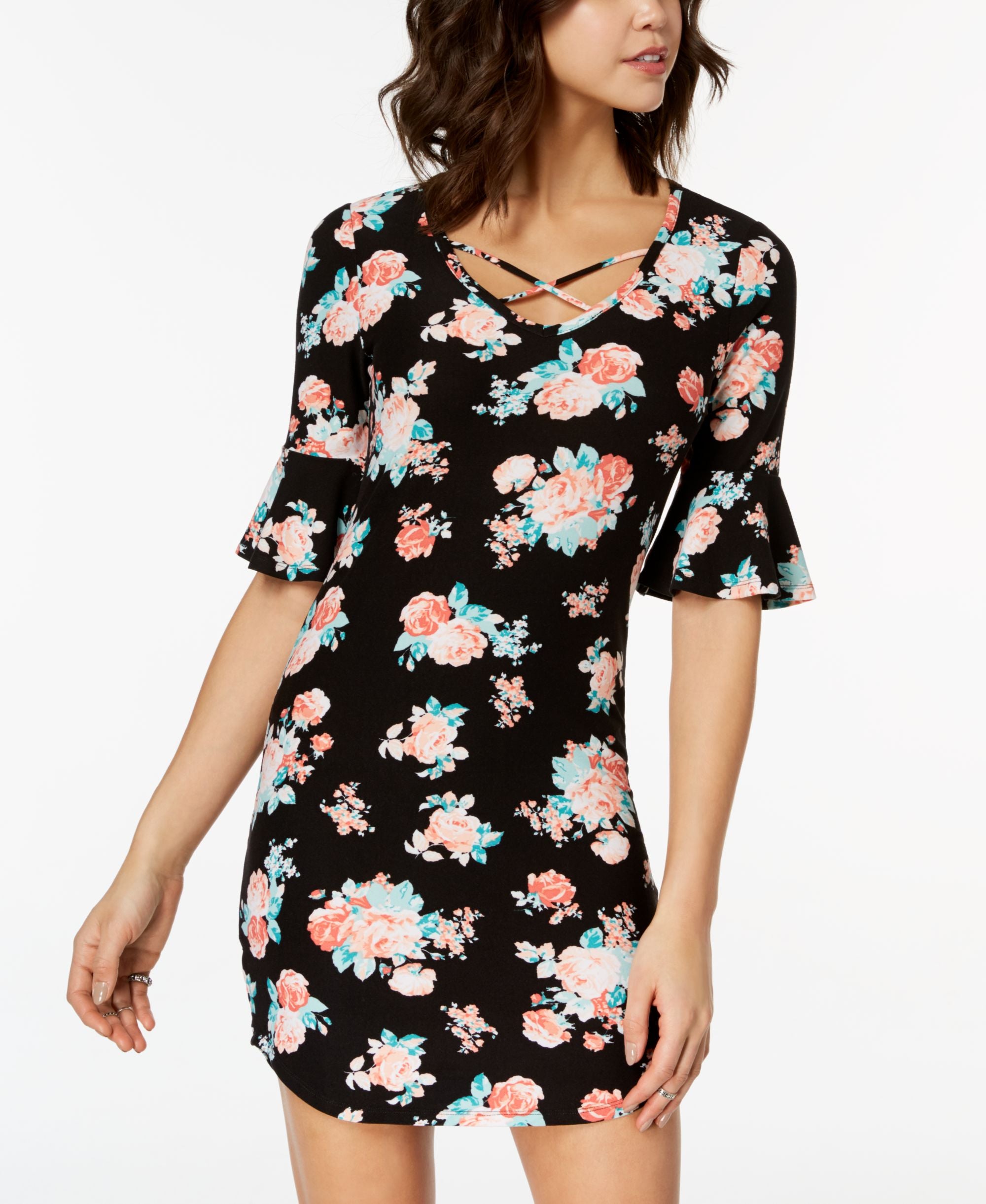 Juniors' Printed Ruffle-Sleeved Dress