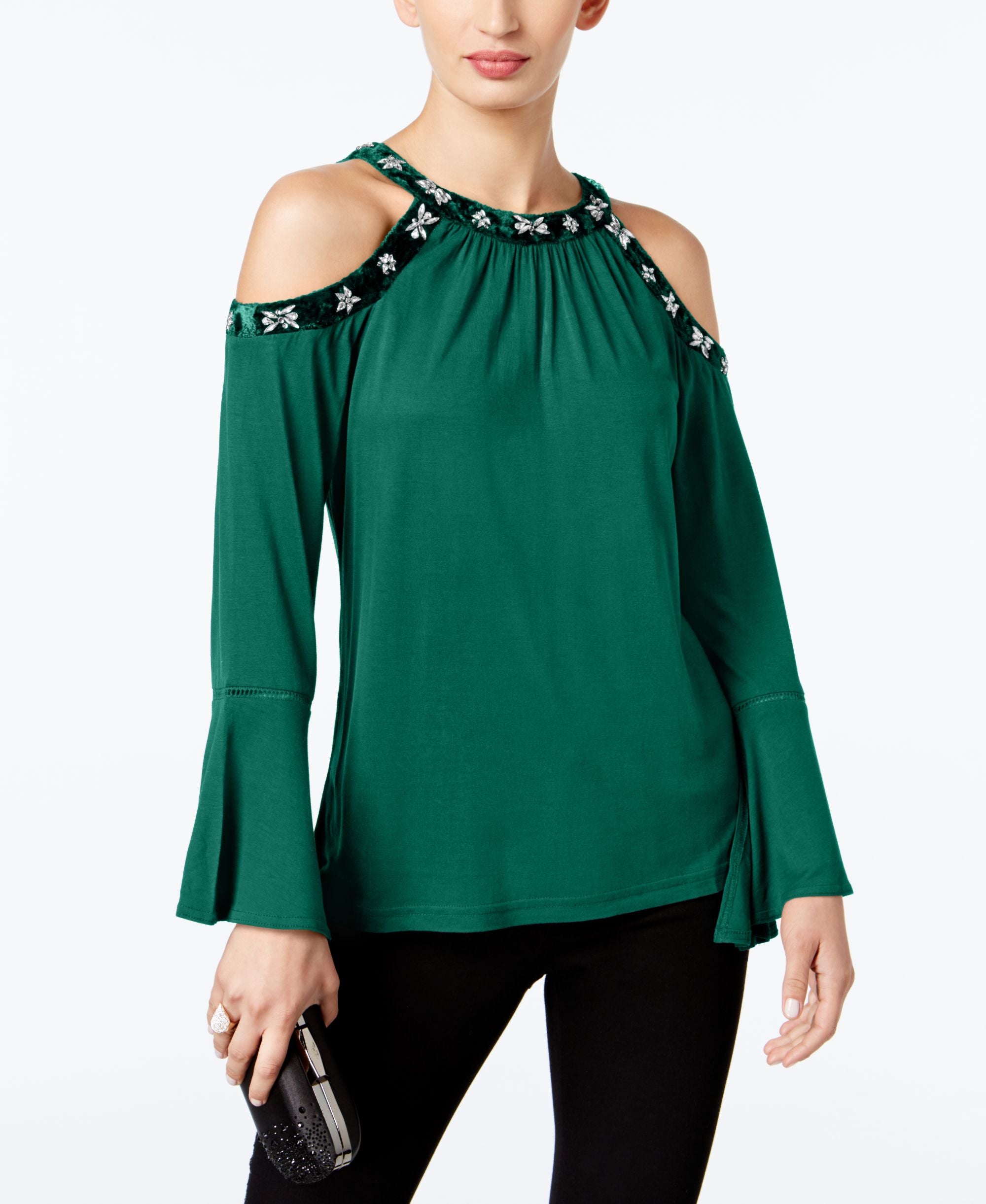INC International Concepts Velvet Trimmed Embellished Cold Shoulder Top
