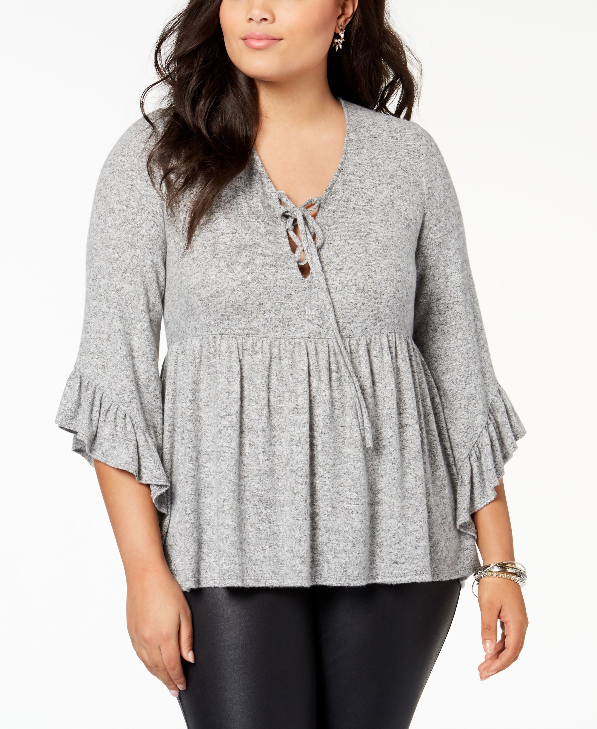 Soprano Trendy Plus Size Lace Up Babydoll Sweater