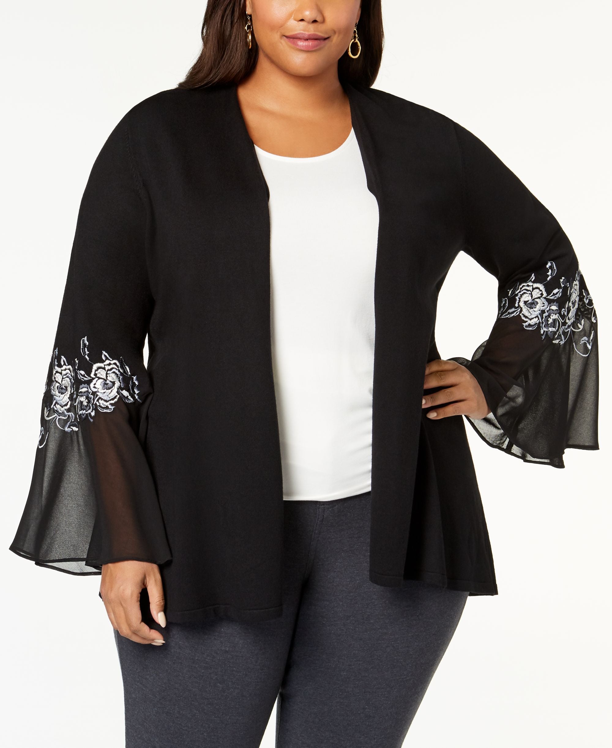 Alfani Plus Size Embroidered Chiffon Sleeve Cardigan