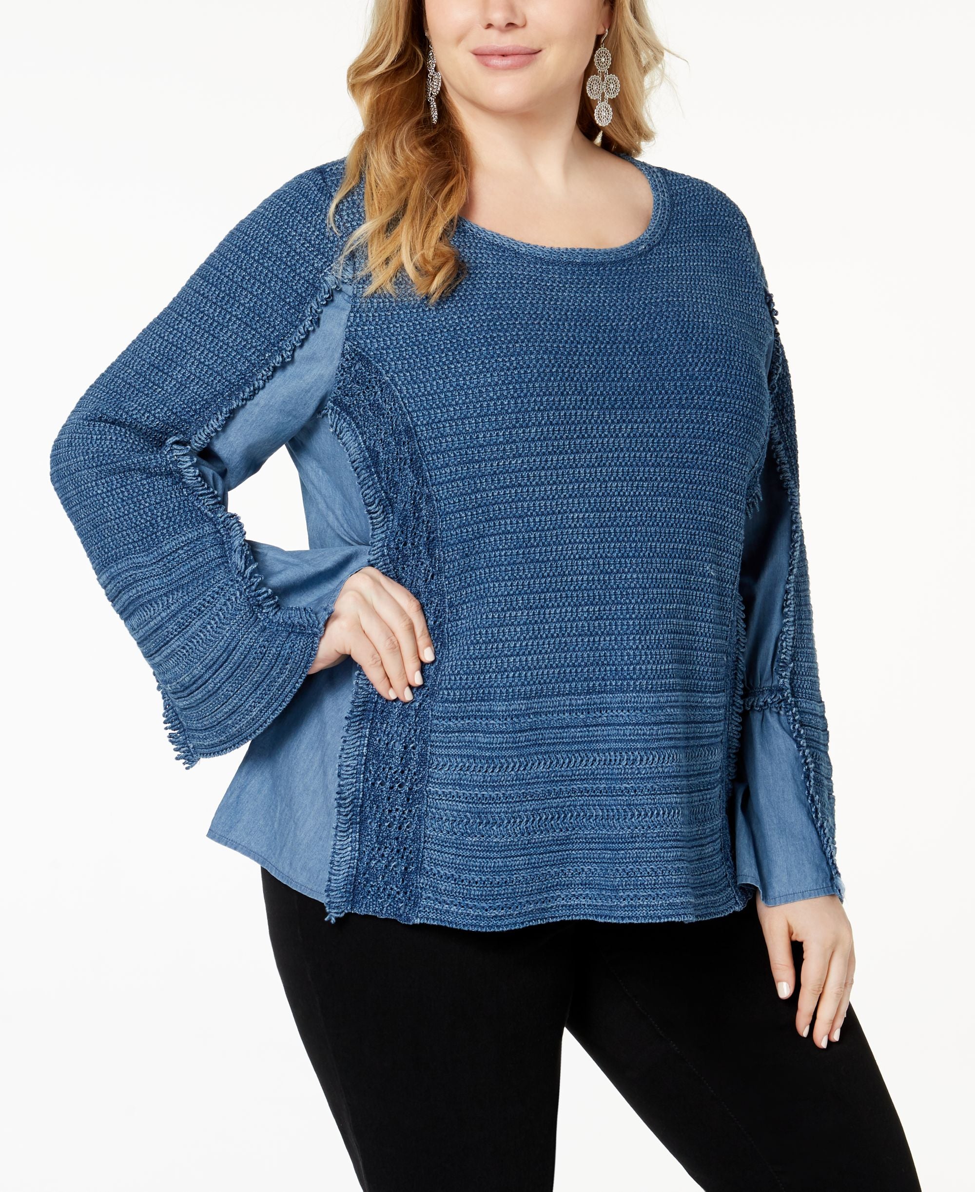Plus Size Chambray Knit Trim Top