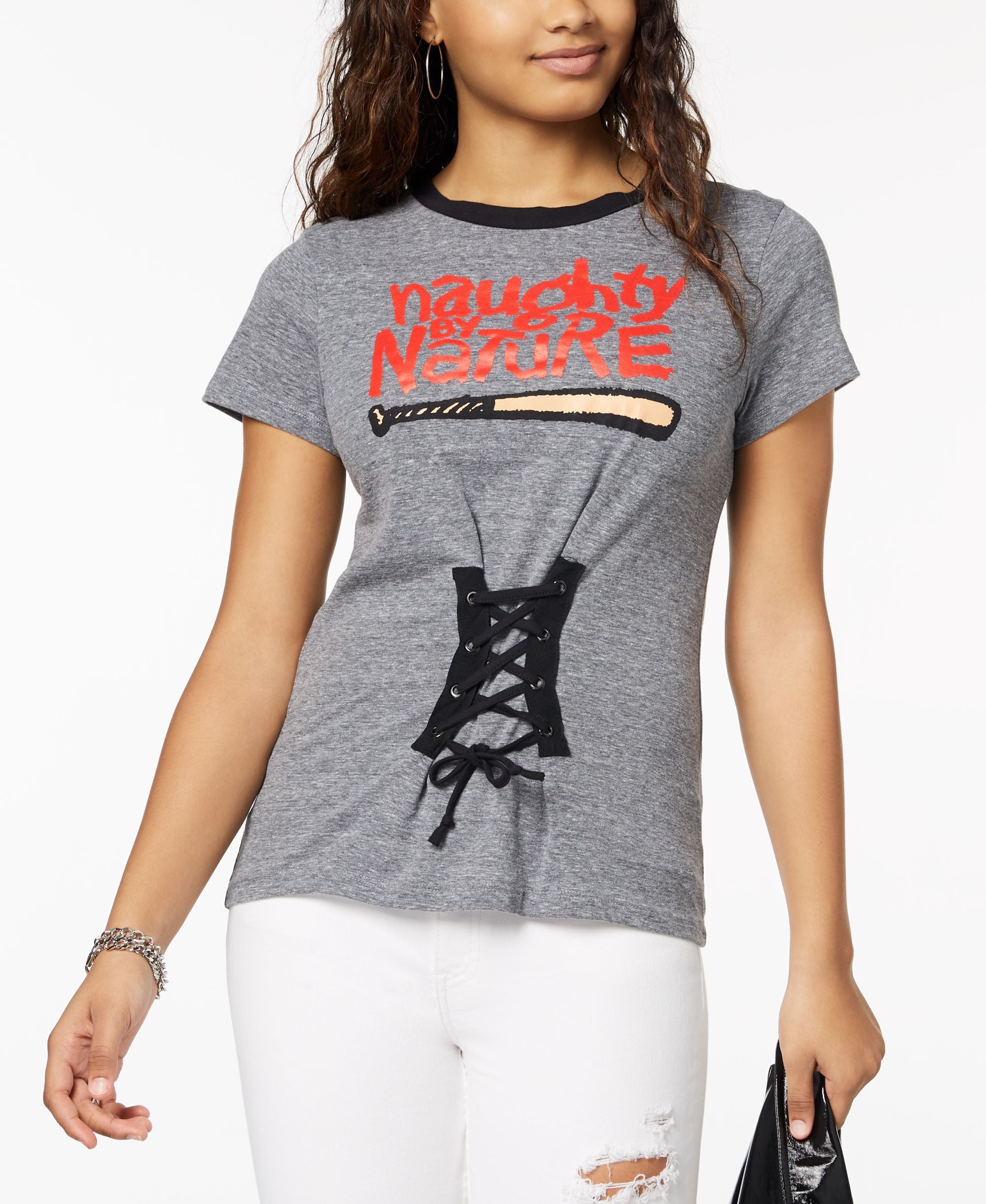 Bravado Juniors Naughty Lace Up Graphic Ringer T-Shirt