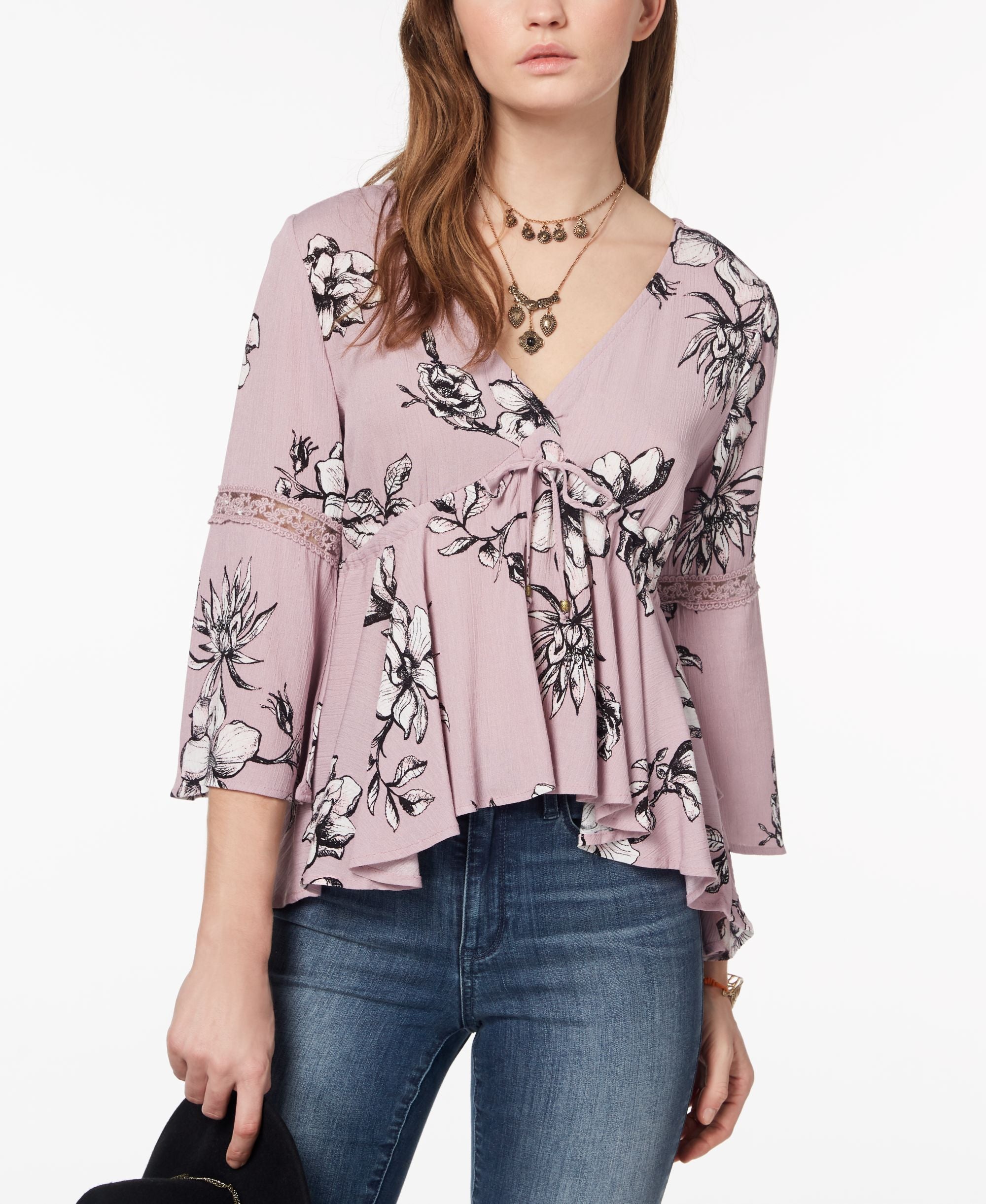 Juniors' Printed Lace-Trimmed Babydoll Top