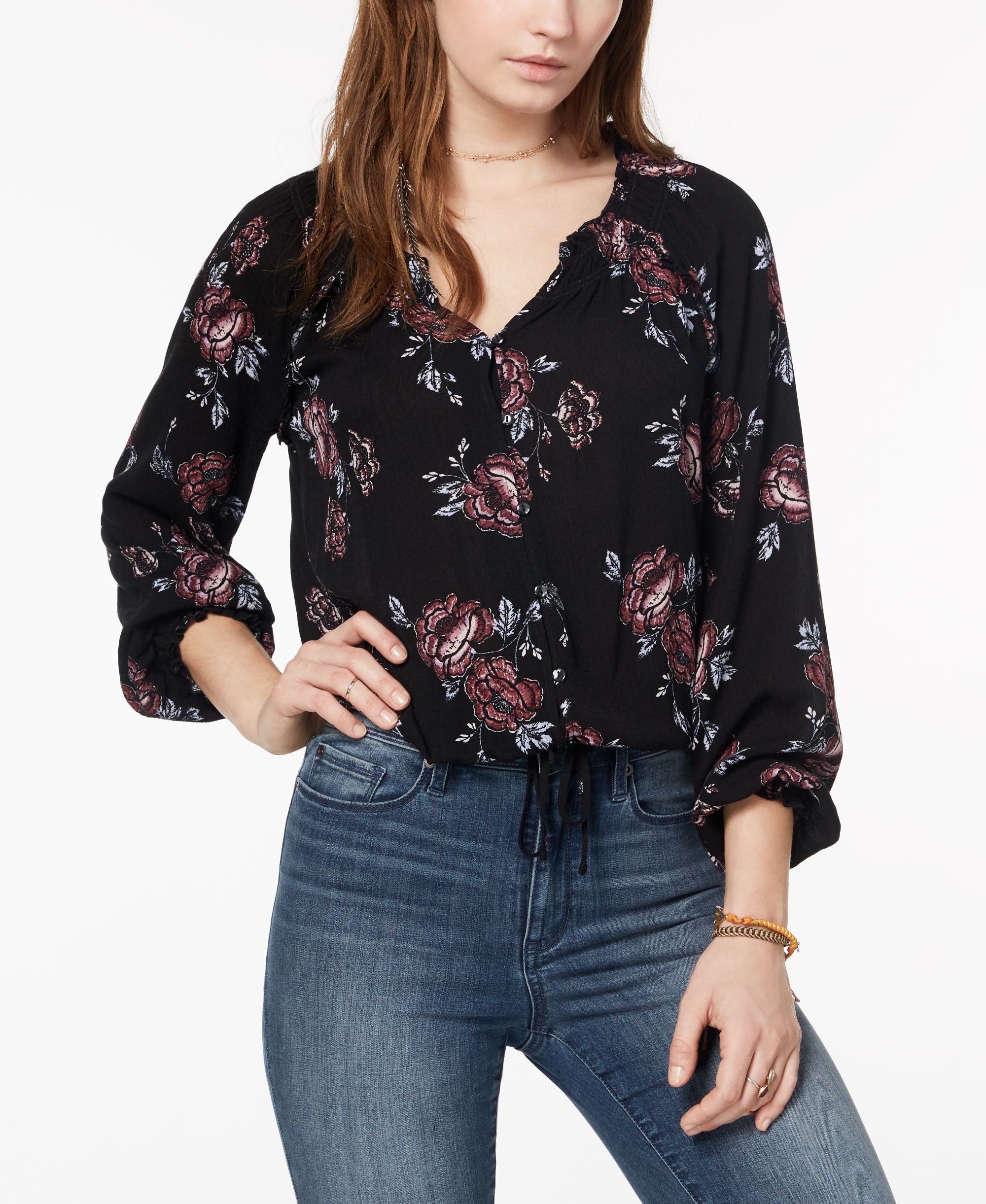 American Rag Juniors Printed Drawstring Hem Blouse