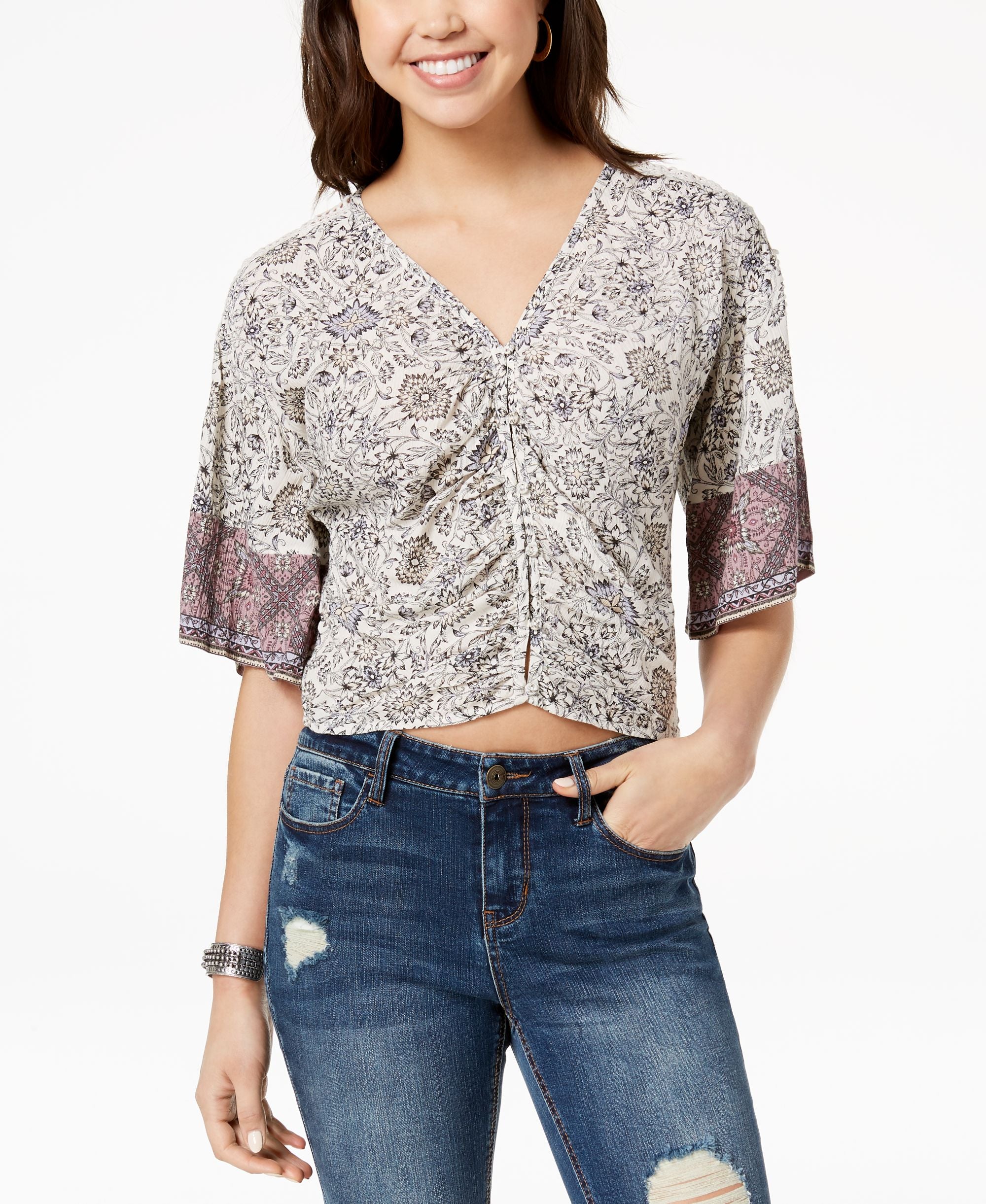 American Rag Juniors Ruched Tie Back Printed Top