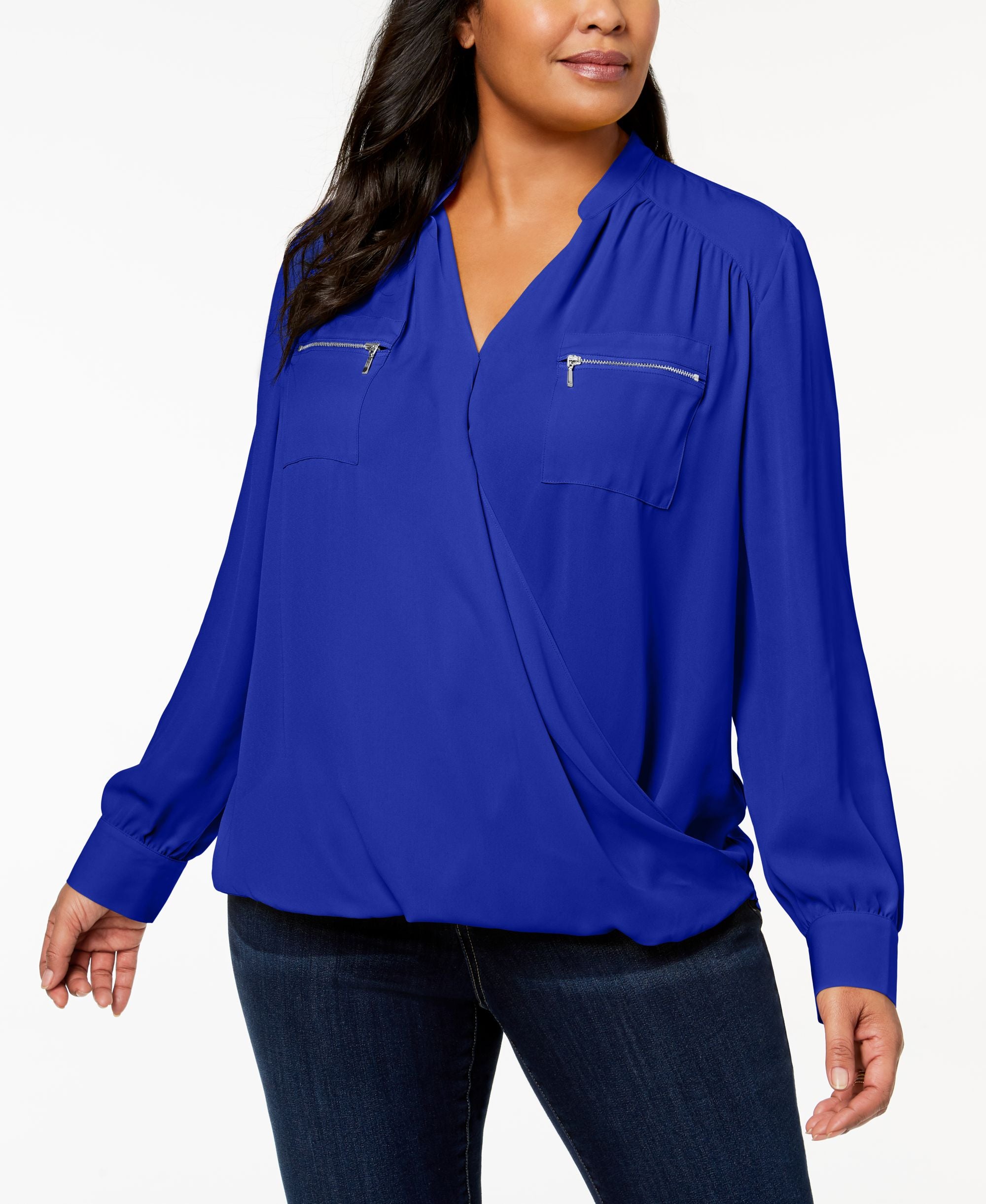Plus Size Zip Pocket Surplice Blouse