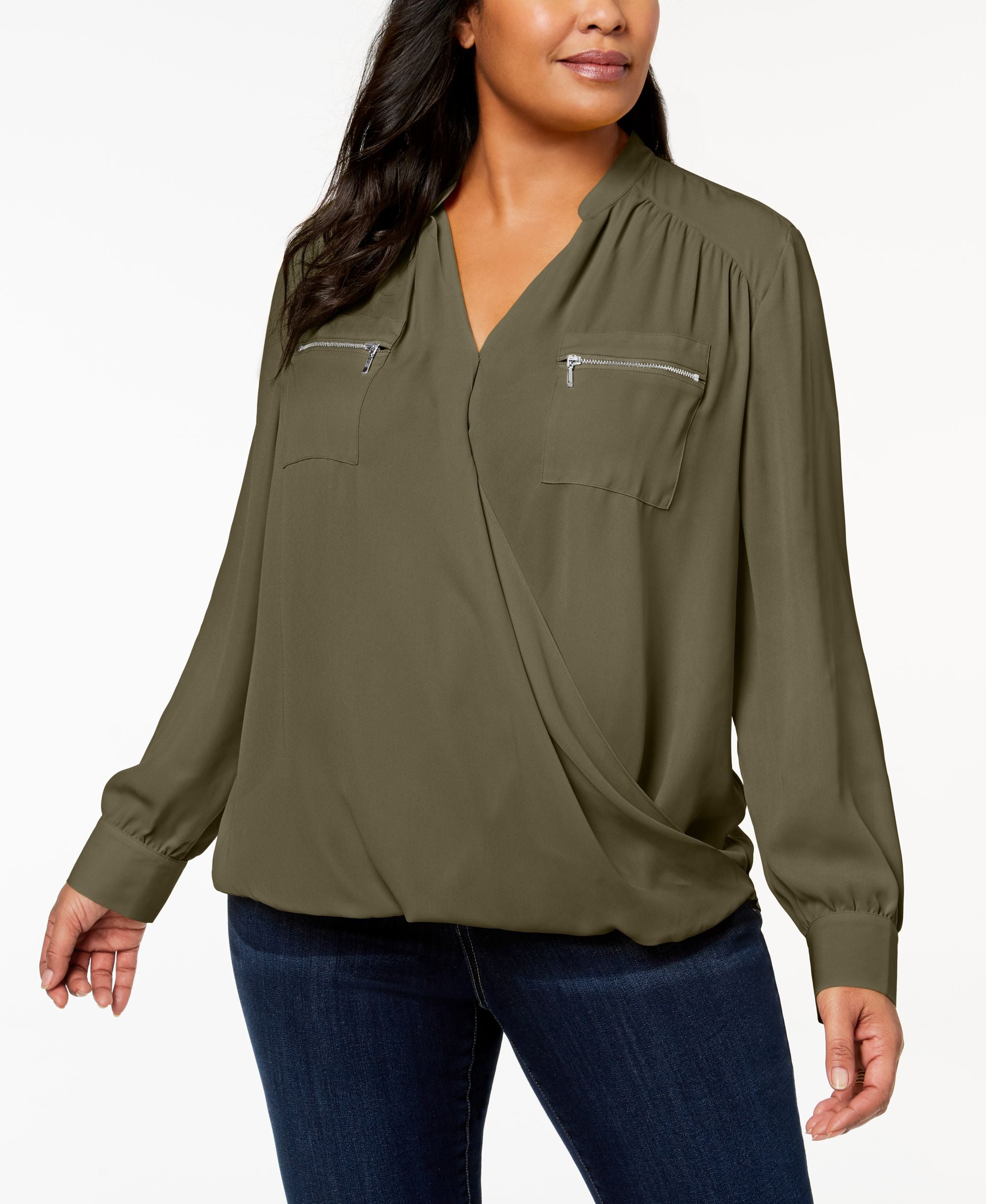 Plus Size Zip Pocket Surplice Blouse