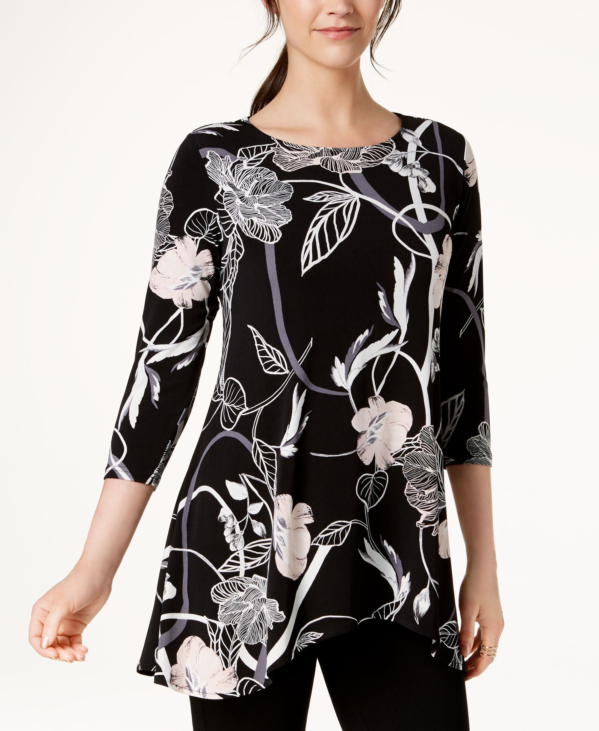 Alfani Petite Printed Handkerchief Hem Swing Top