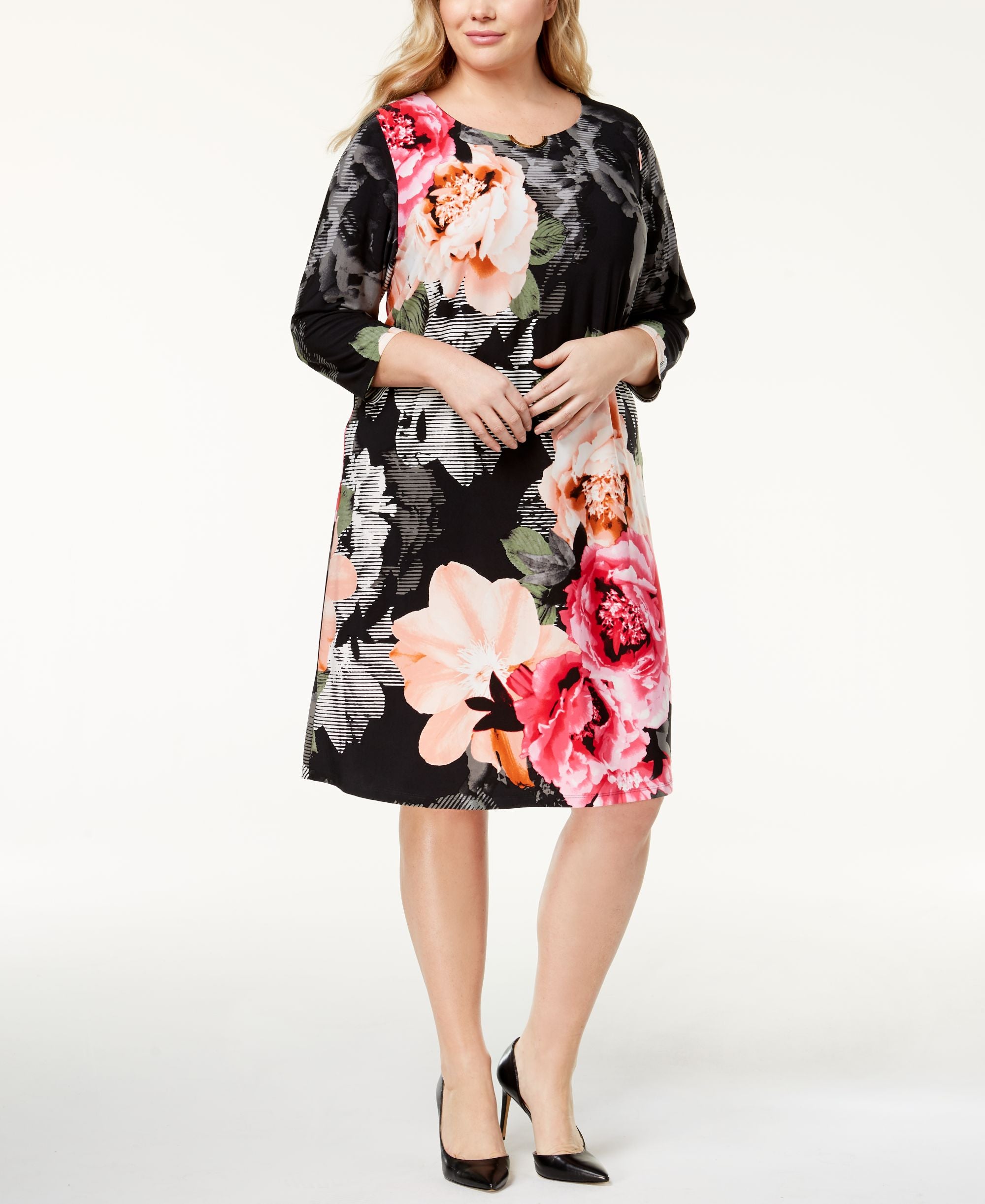 Calvin Klein Plus Size Printed a-Line Dress Black Flower Combo 3X