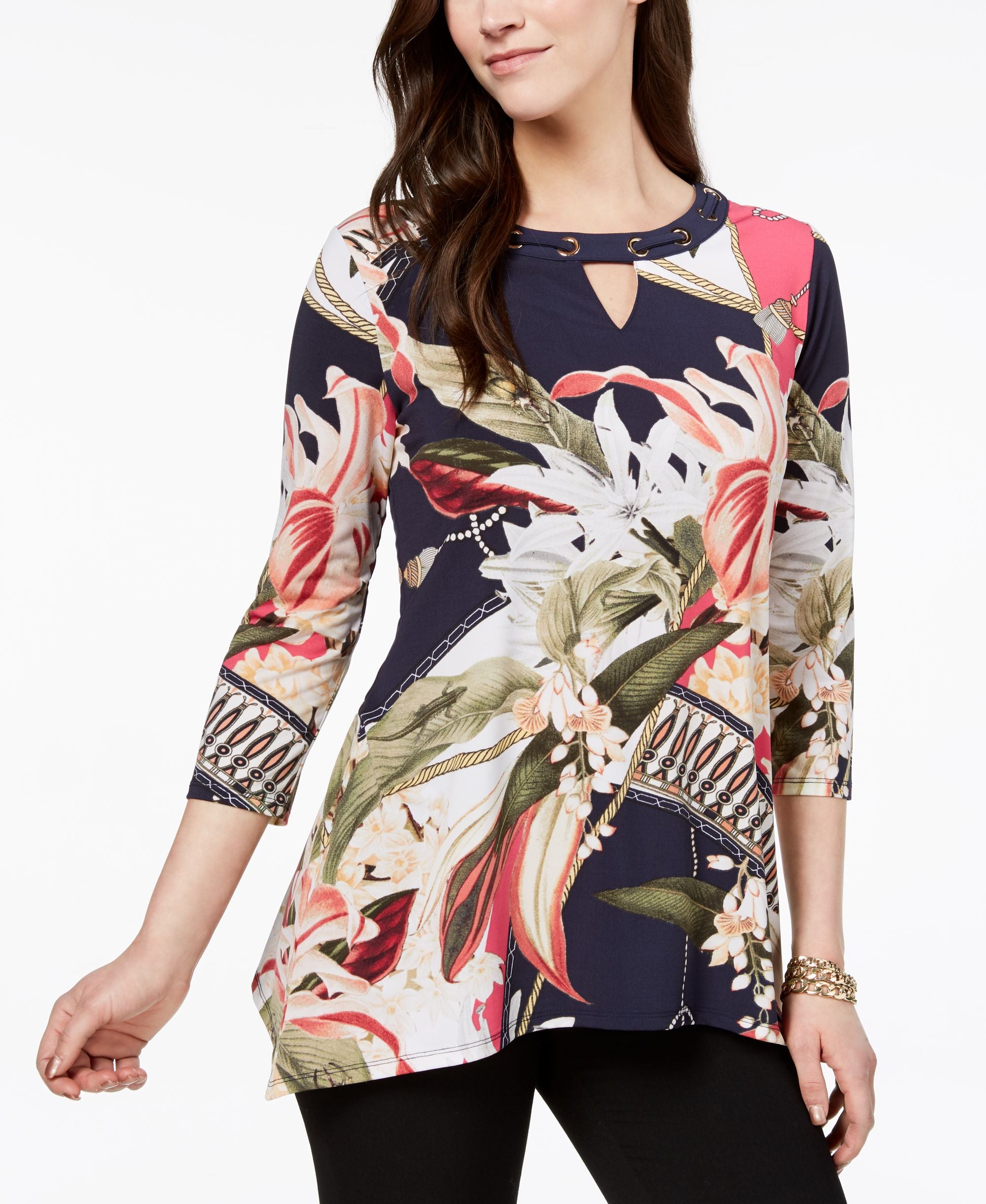 JM Collection Grommet Trimmed Keyhole Tunic