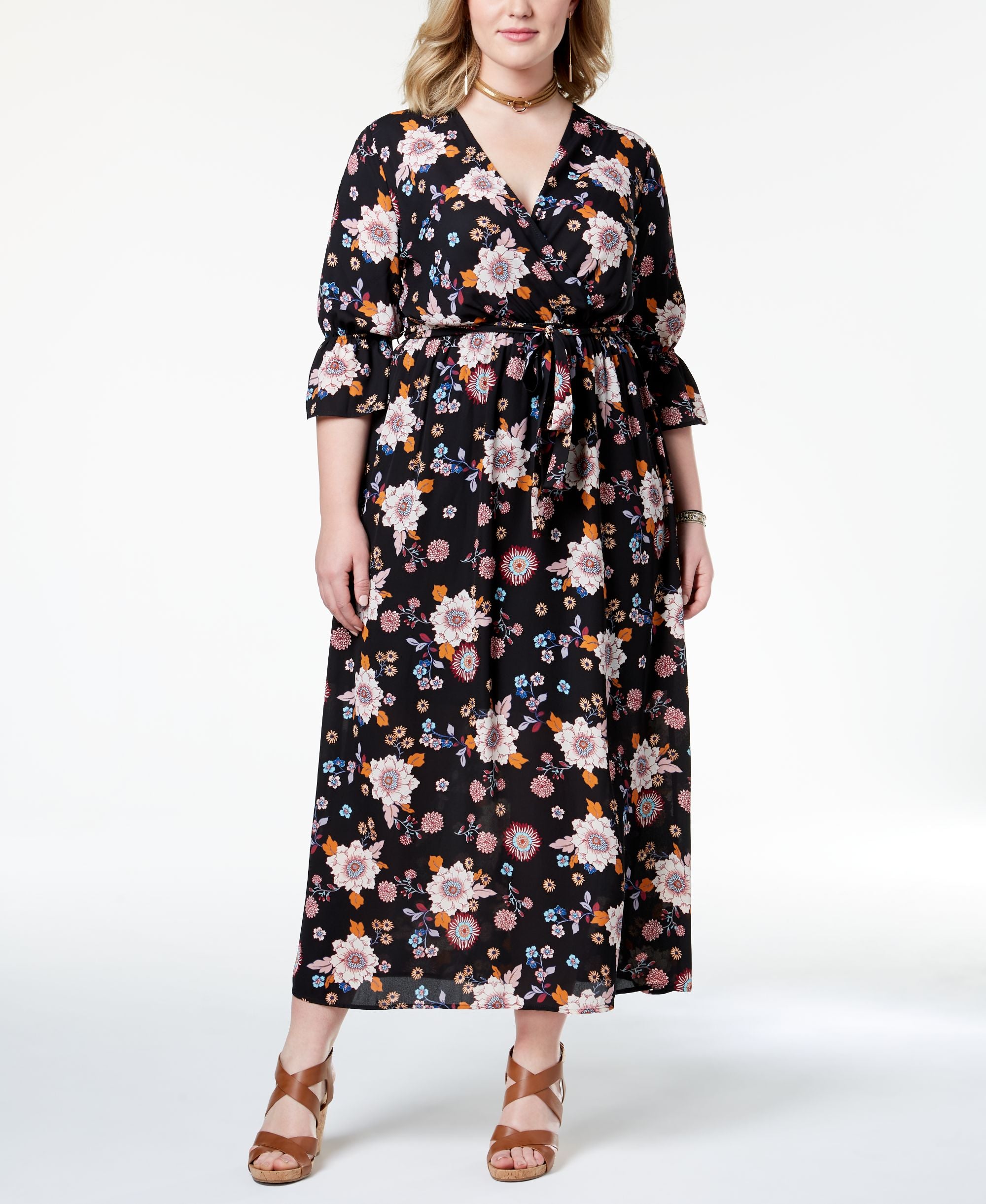 Monteau Trendy Plus Size Printed Belted Maxi Dress