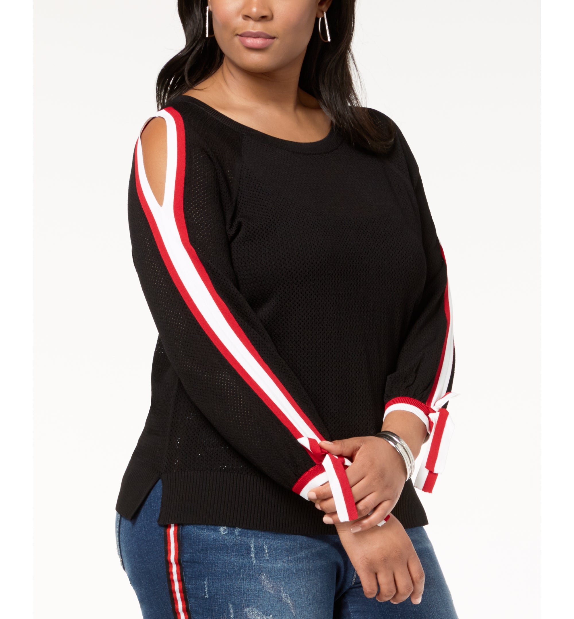 I.N.C. Plus Size Stripe-Trim Cold-Shoulder Top