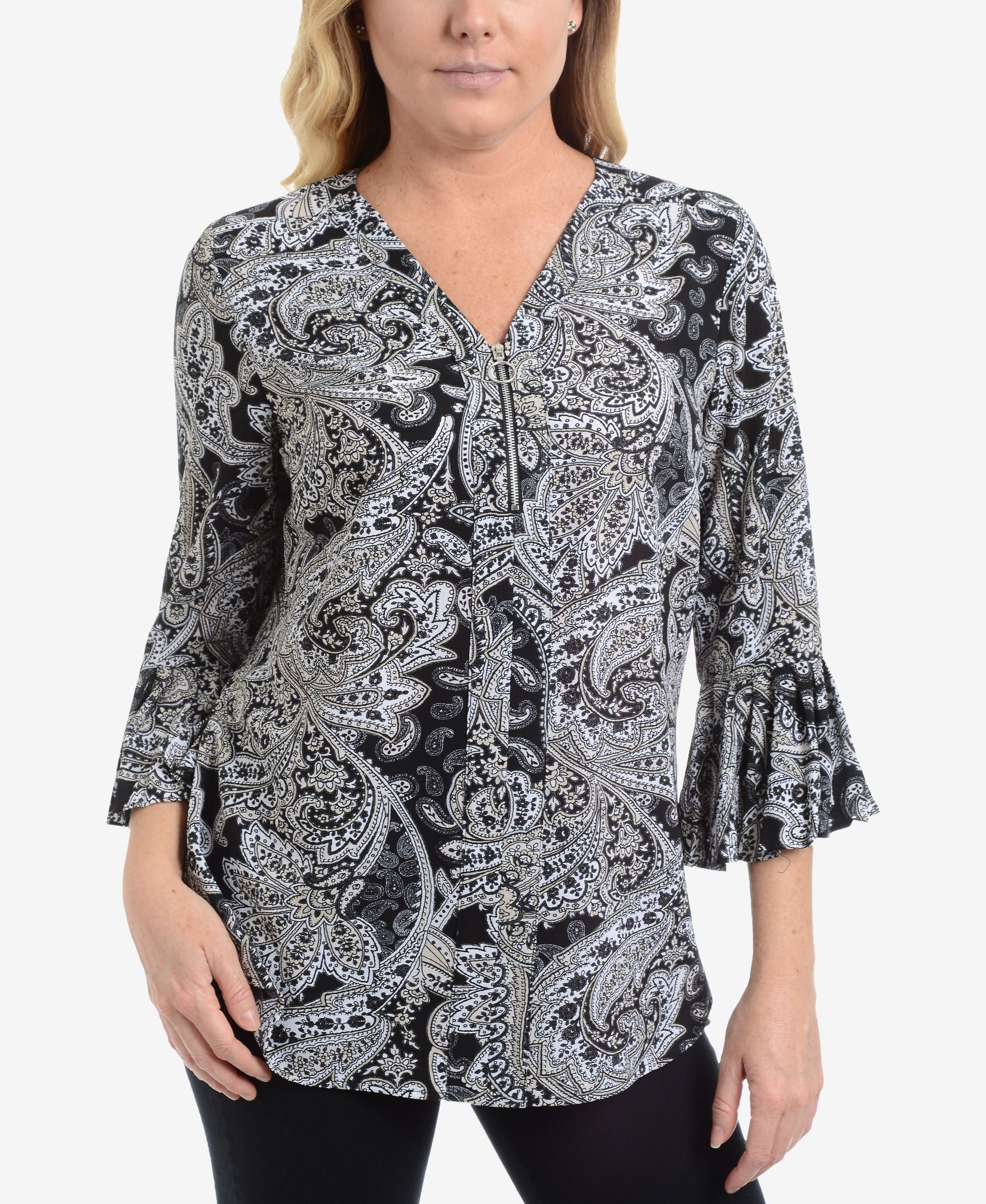 NY Collection Striped V Neck Quarter Zip Blouse