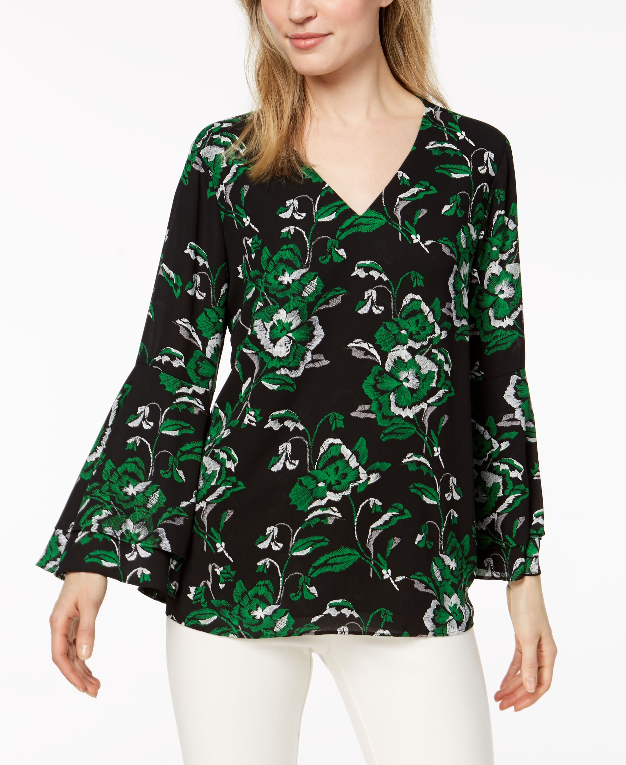 Alfani Printed V Neck Poet Sleeve Top