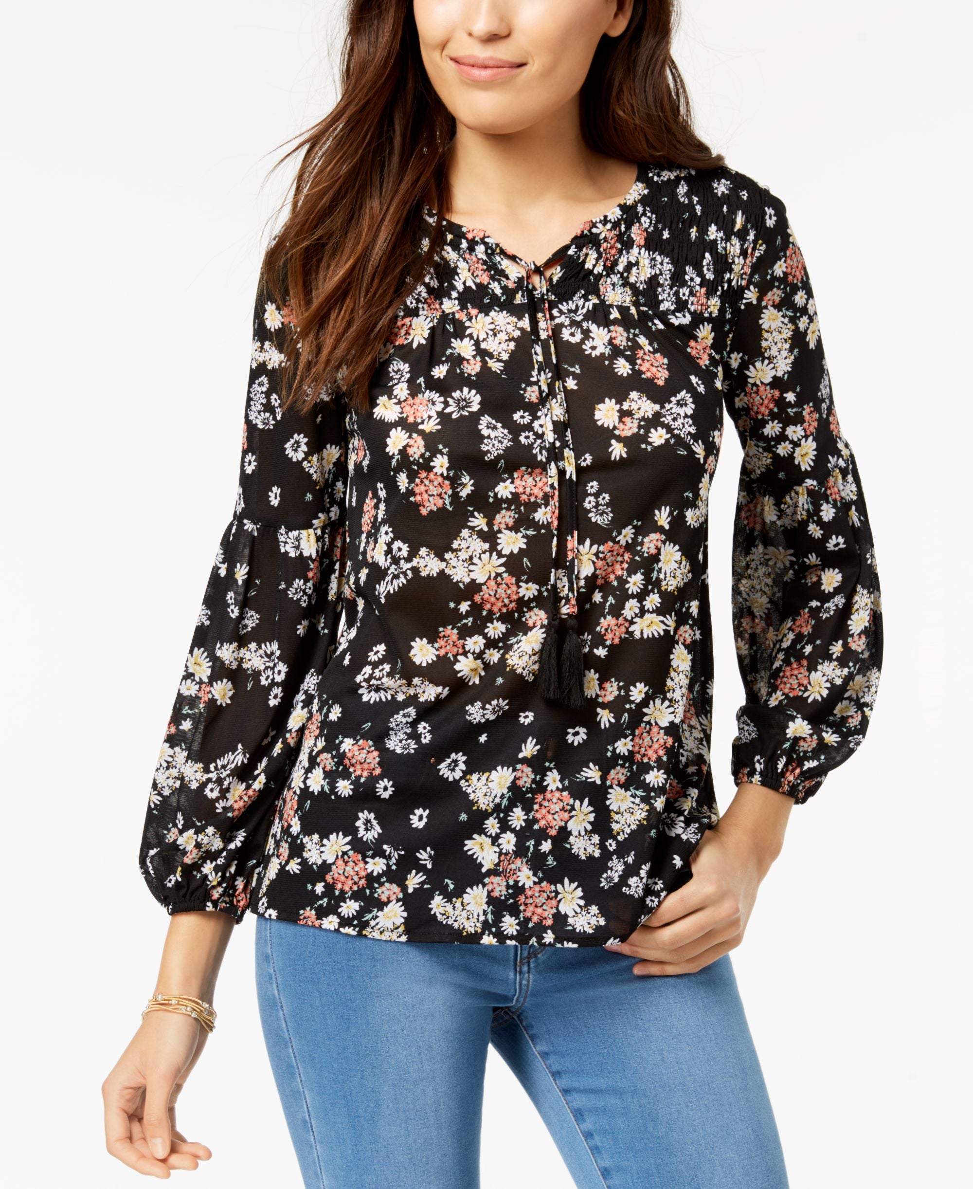 Style & Co Petite Printed Mesh Peasant Top