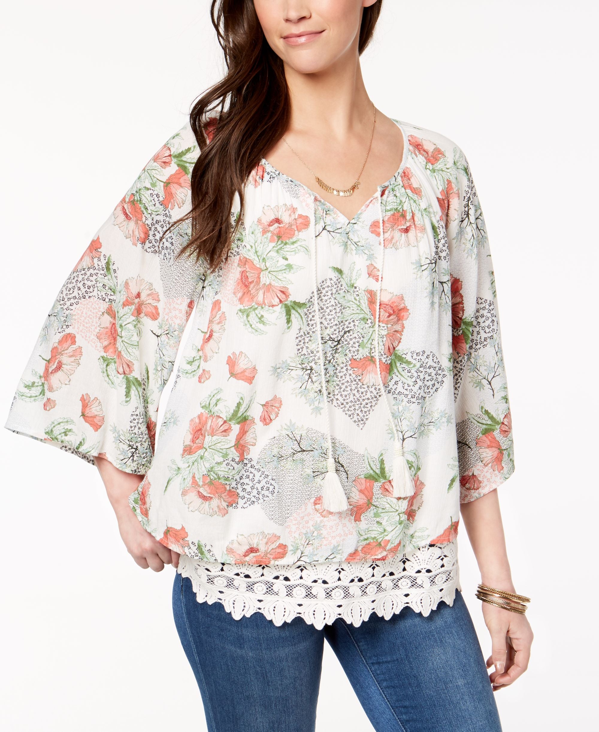 Style & Co Petite Printed Lace Hem Peasant Top