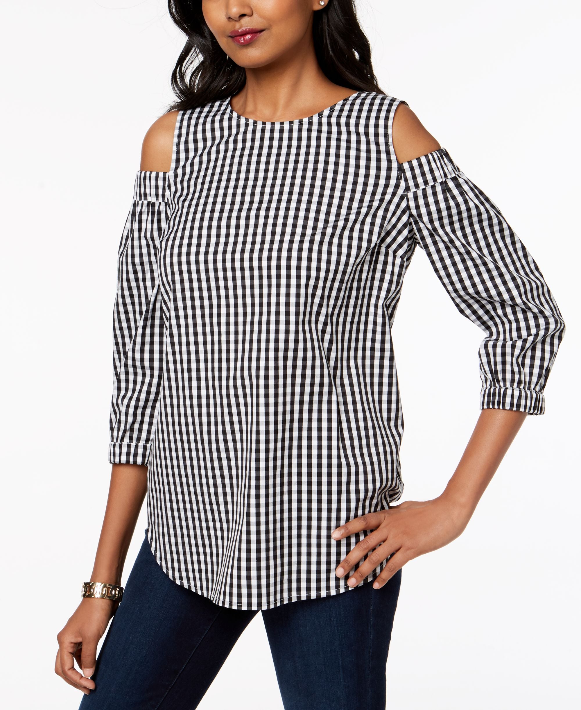 Charter Club Gingham Cold Shoulder Tunic
