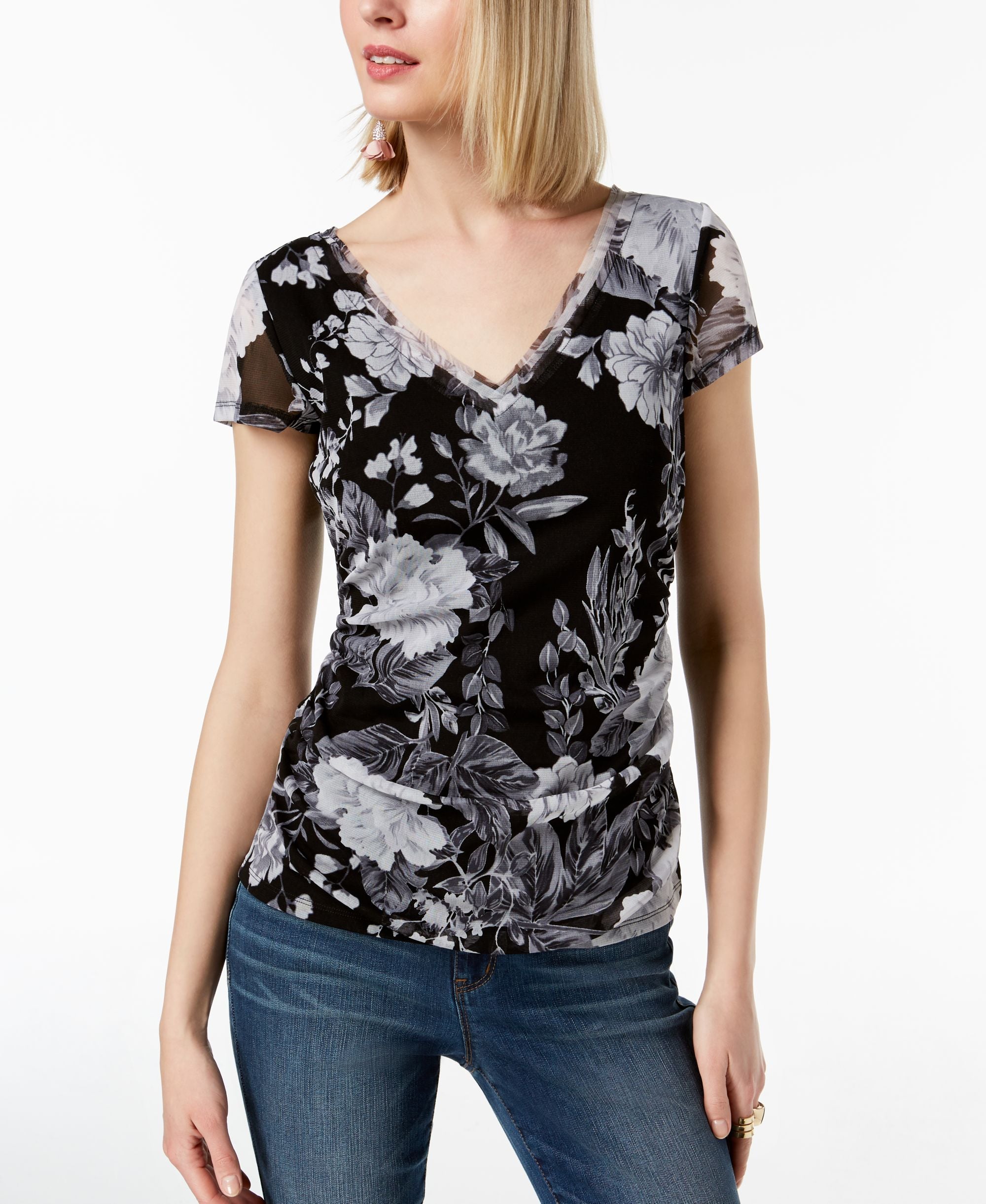 Floral Ruched Mesh V Neck Top