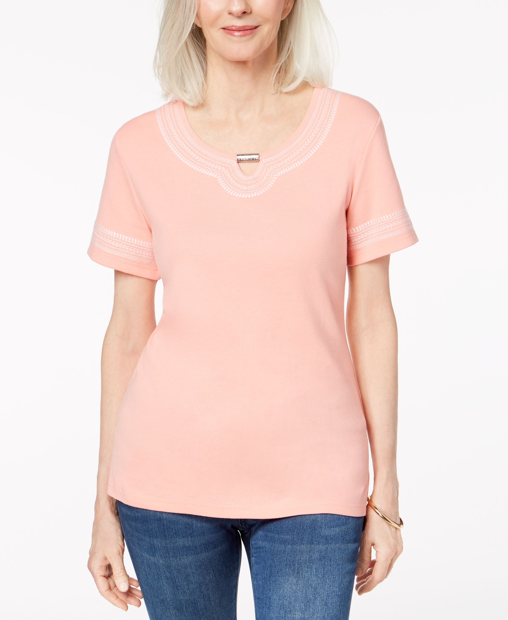 Karen Scott Embellished Keyhole T-Shirt