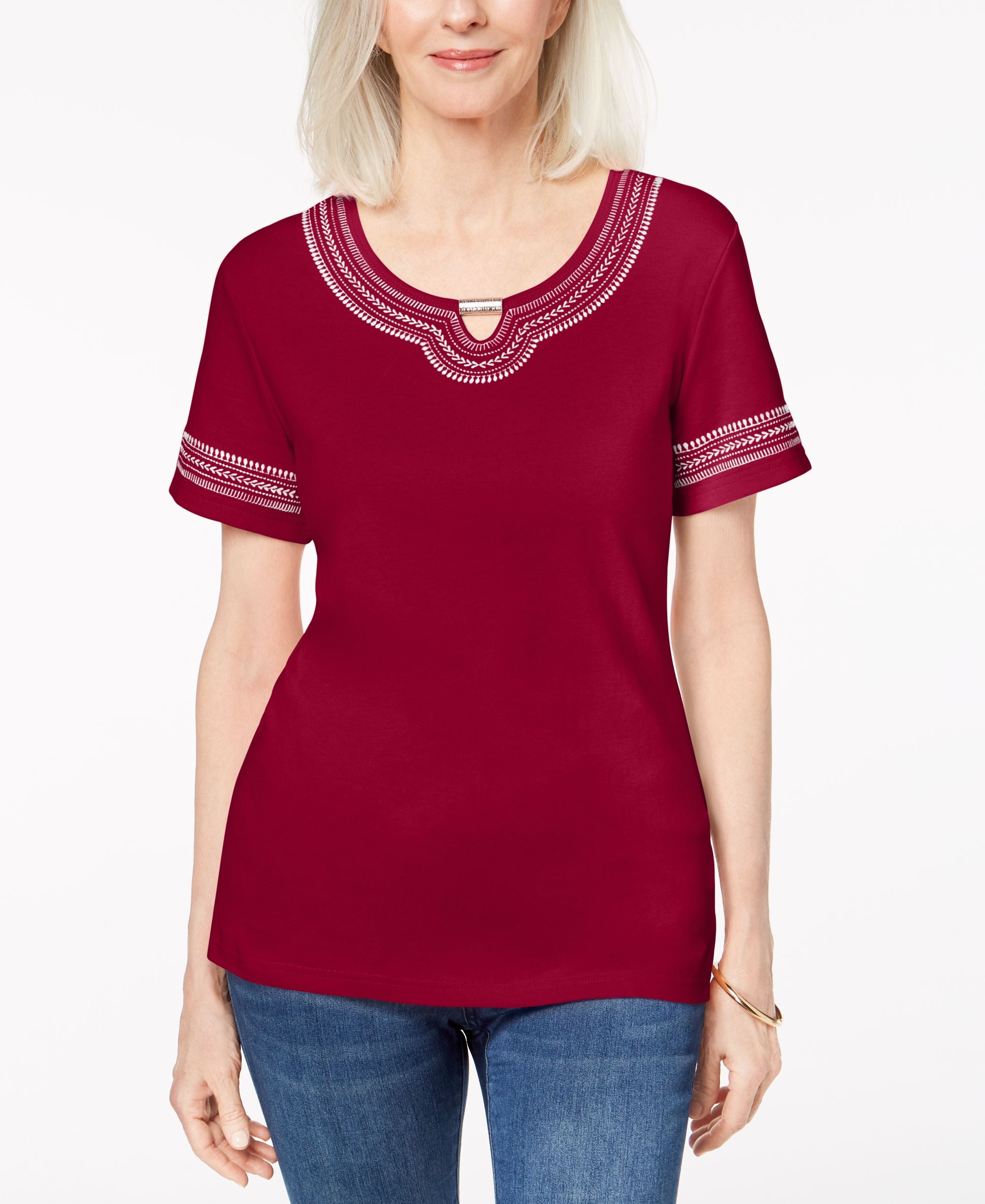 Karen Scott Embellished Keyhole T-Shirt
