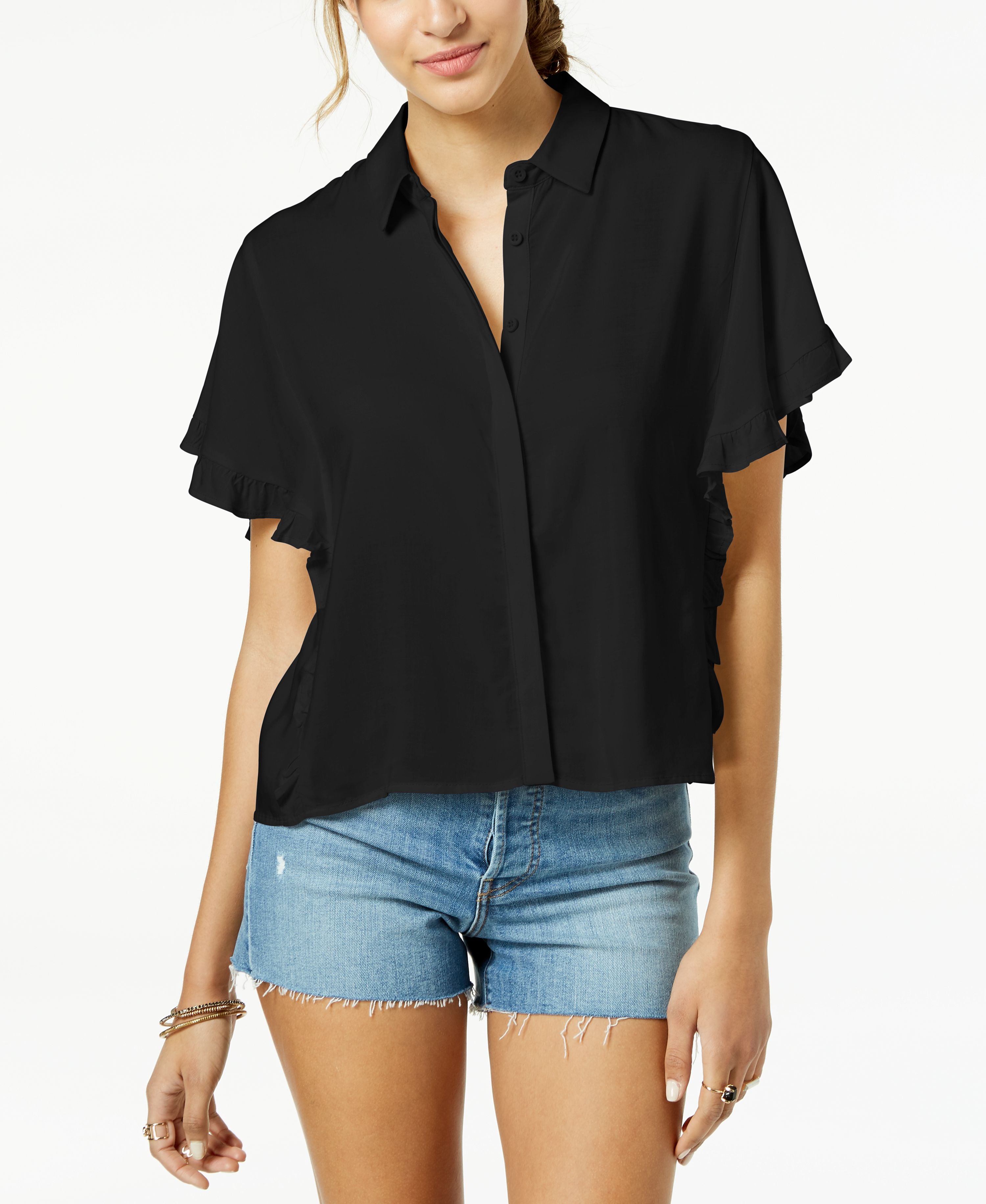 Freshman Juniors' Ruffle-Sleeved Button-Front Cropped Blouse  Black XS