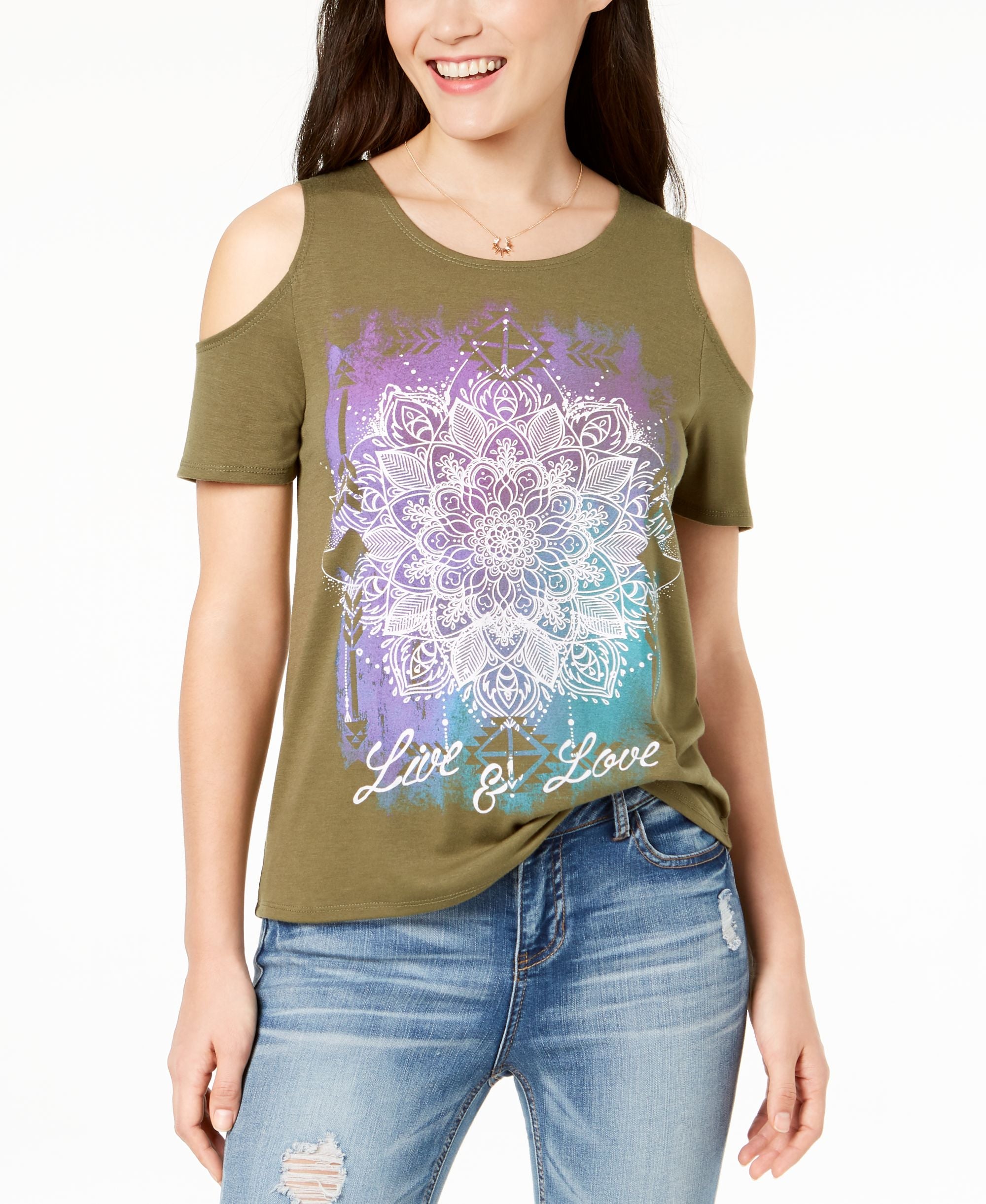 Juniors' Live Love Cold-Shoulder Graphic T-Shirt