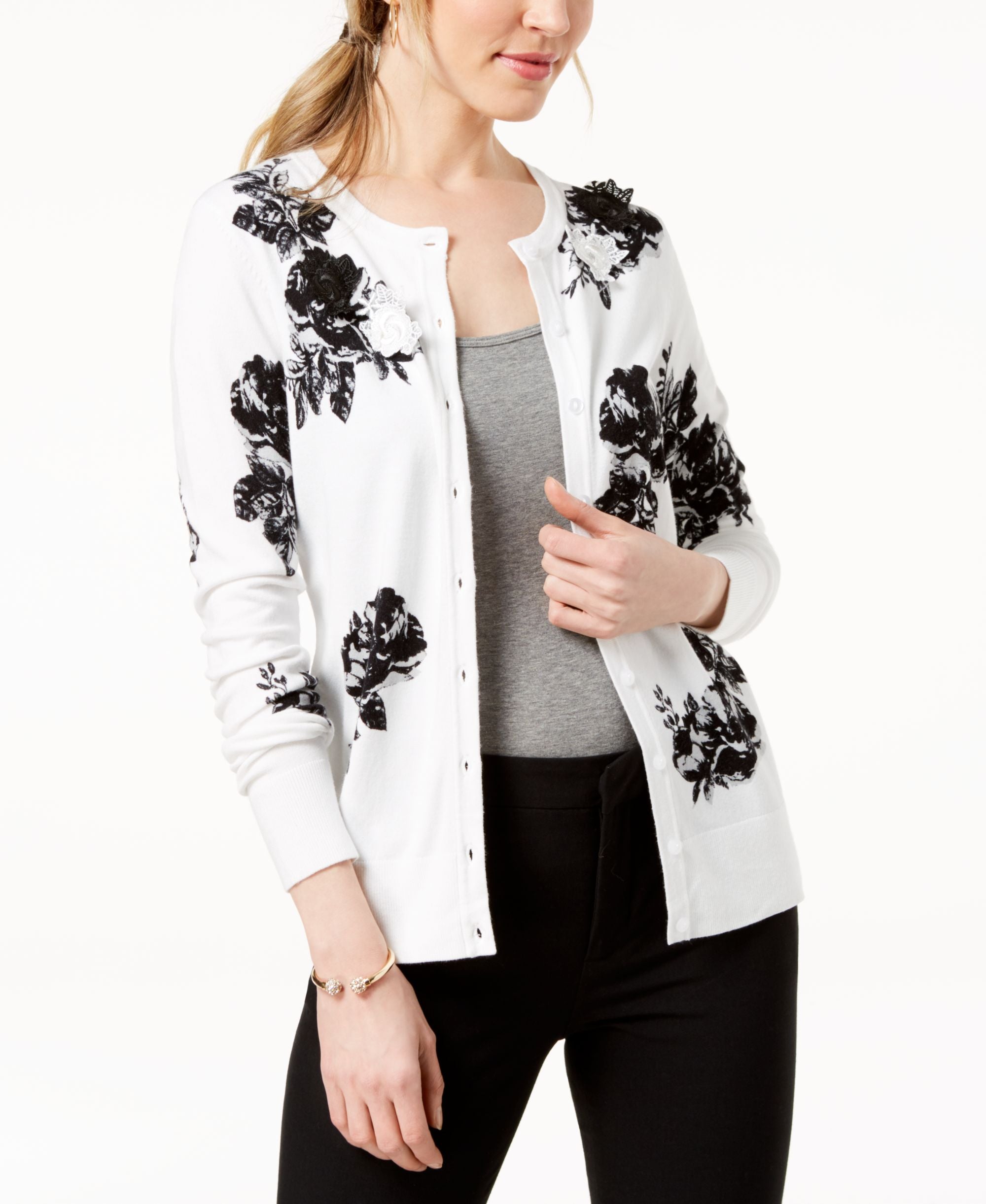 Charter Club Floral Print Applique Detail Cardigan