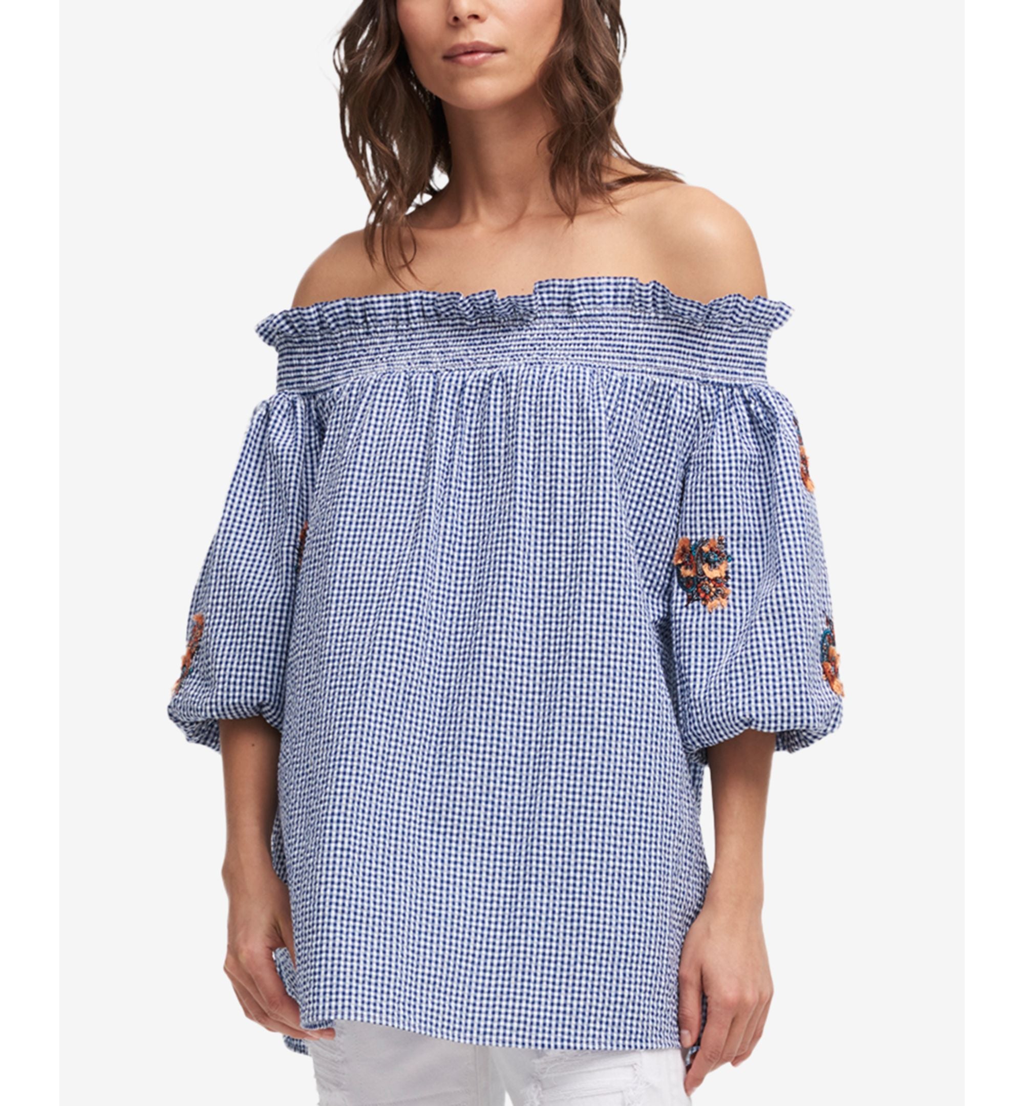 DKNY Cotton Seersucker Off The Shoulder Top