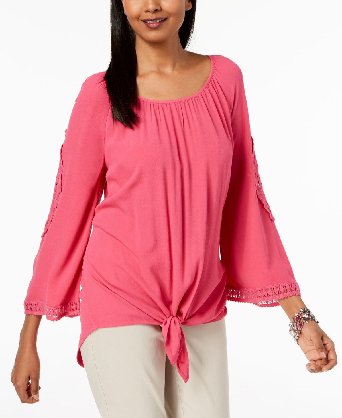 JM Collection Petite Crochet Trim Tie Front Top