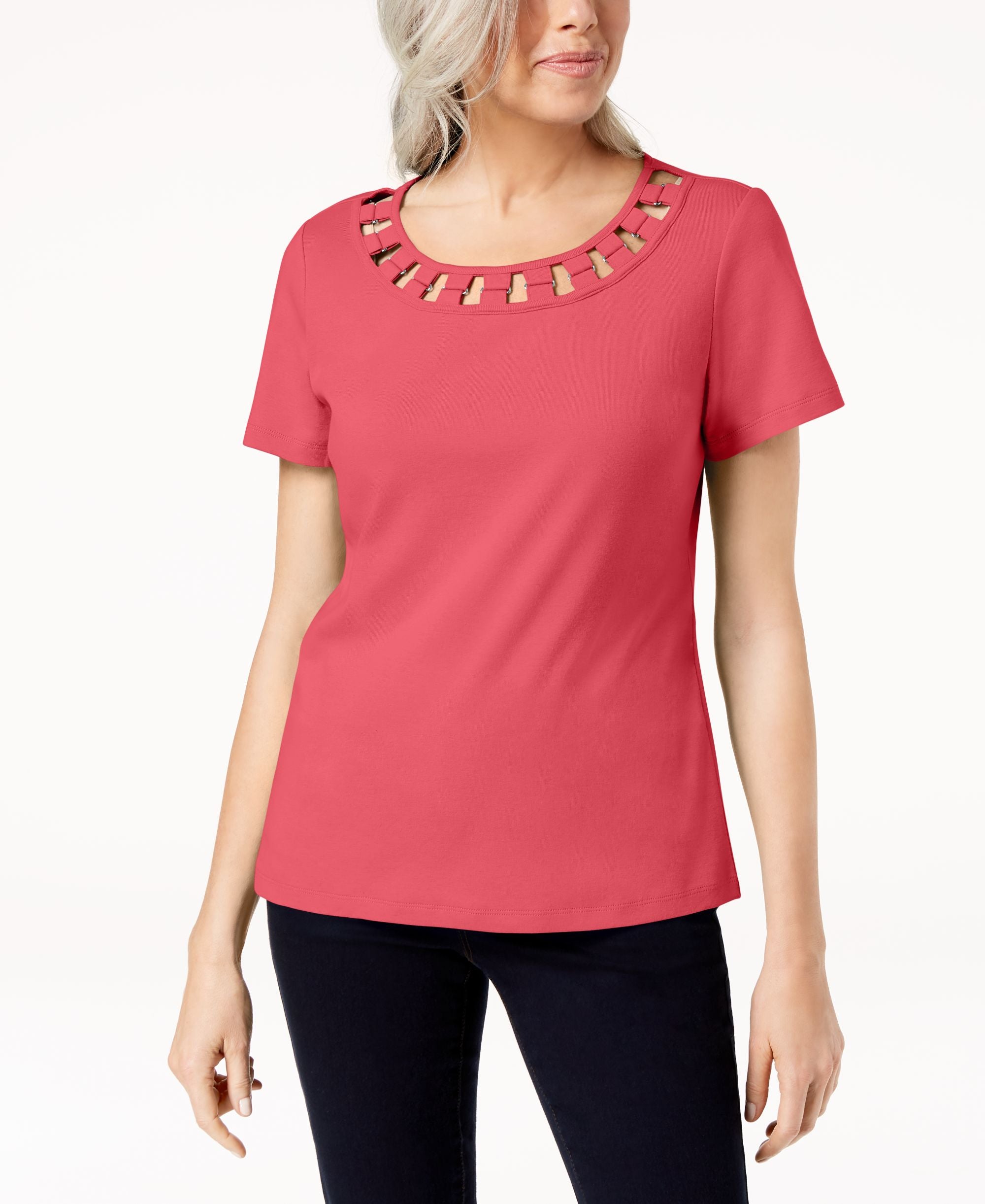 Karen Scott Hardware Embellished Cutout Cotton T-Shirt