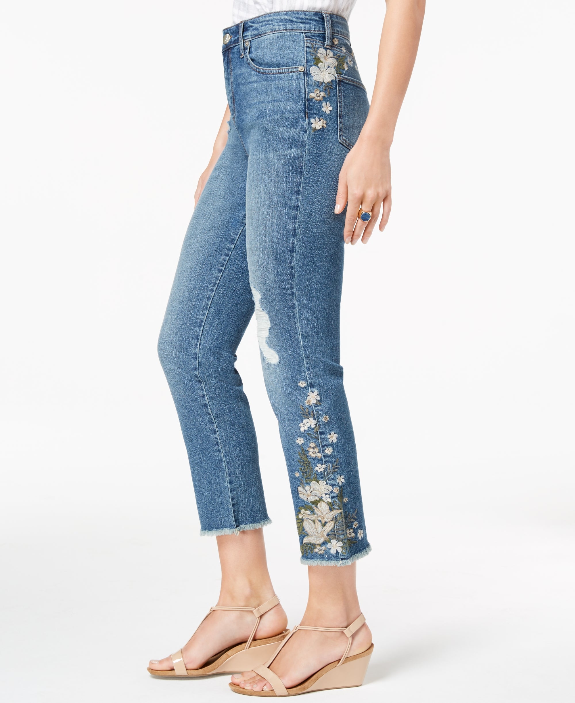 Ripped Embroidered Crop Jeans
