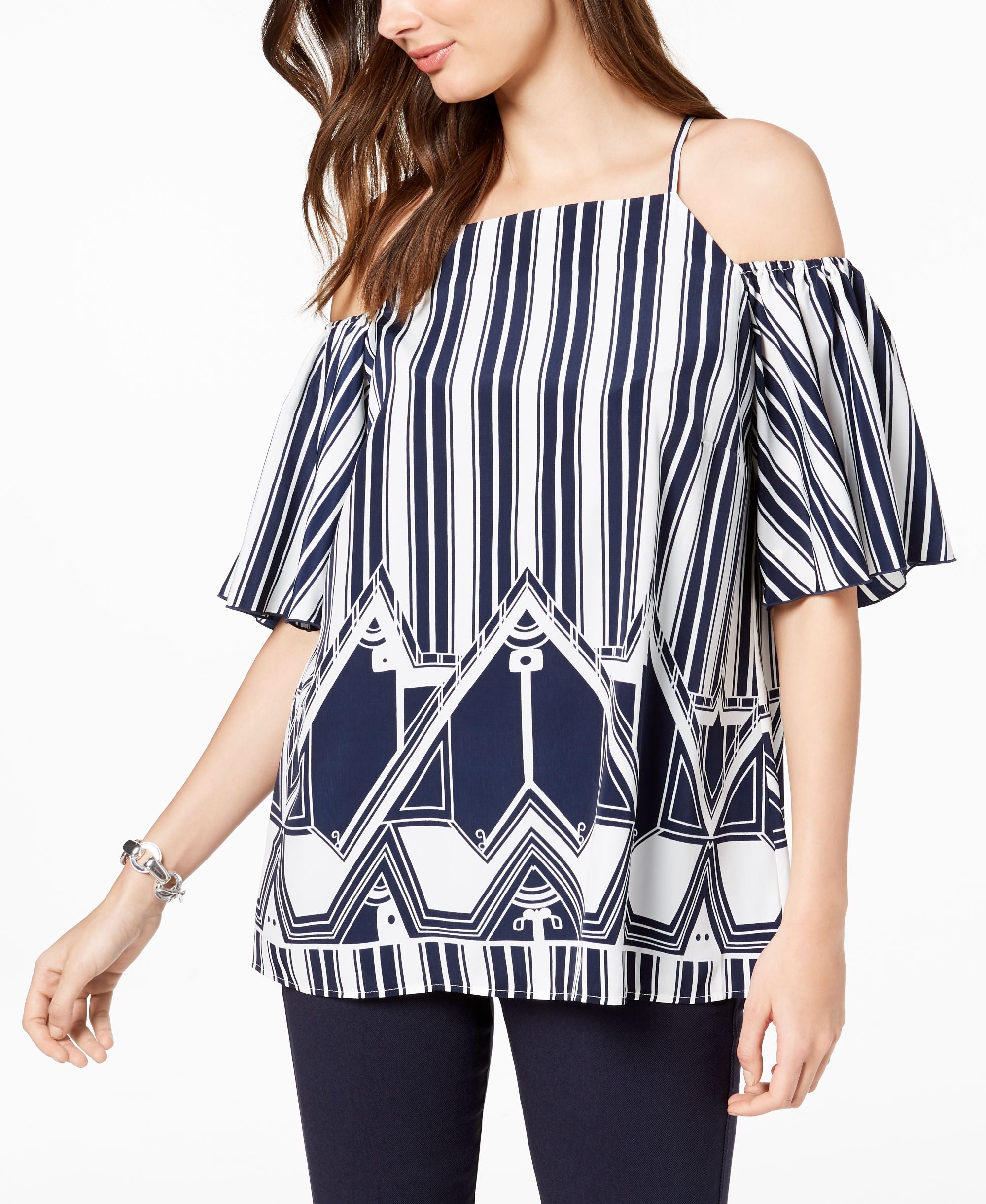 Alfani Mixed Print Cold Shoulder Top