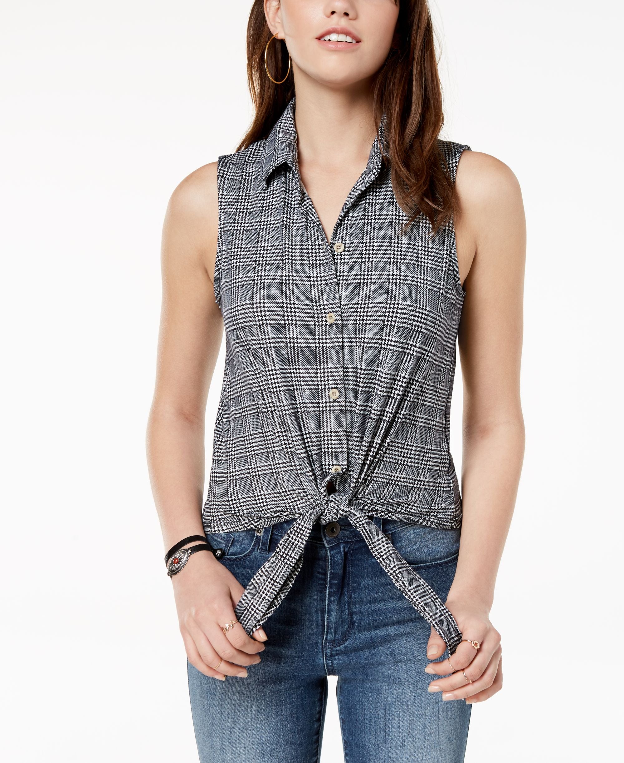 Juniors' Printed Tie-Front Top