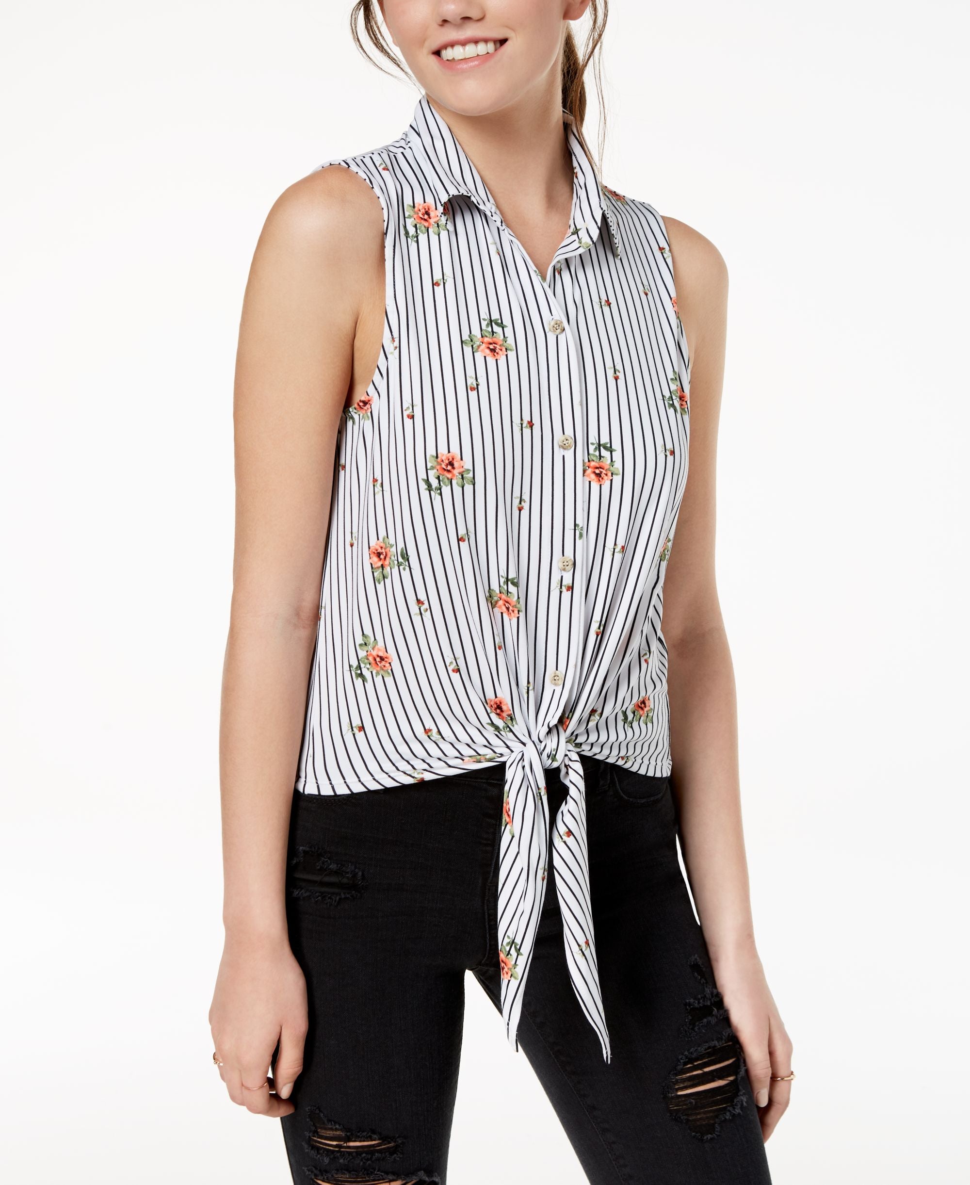 Juniors' Printed Tie-Front Top
