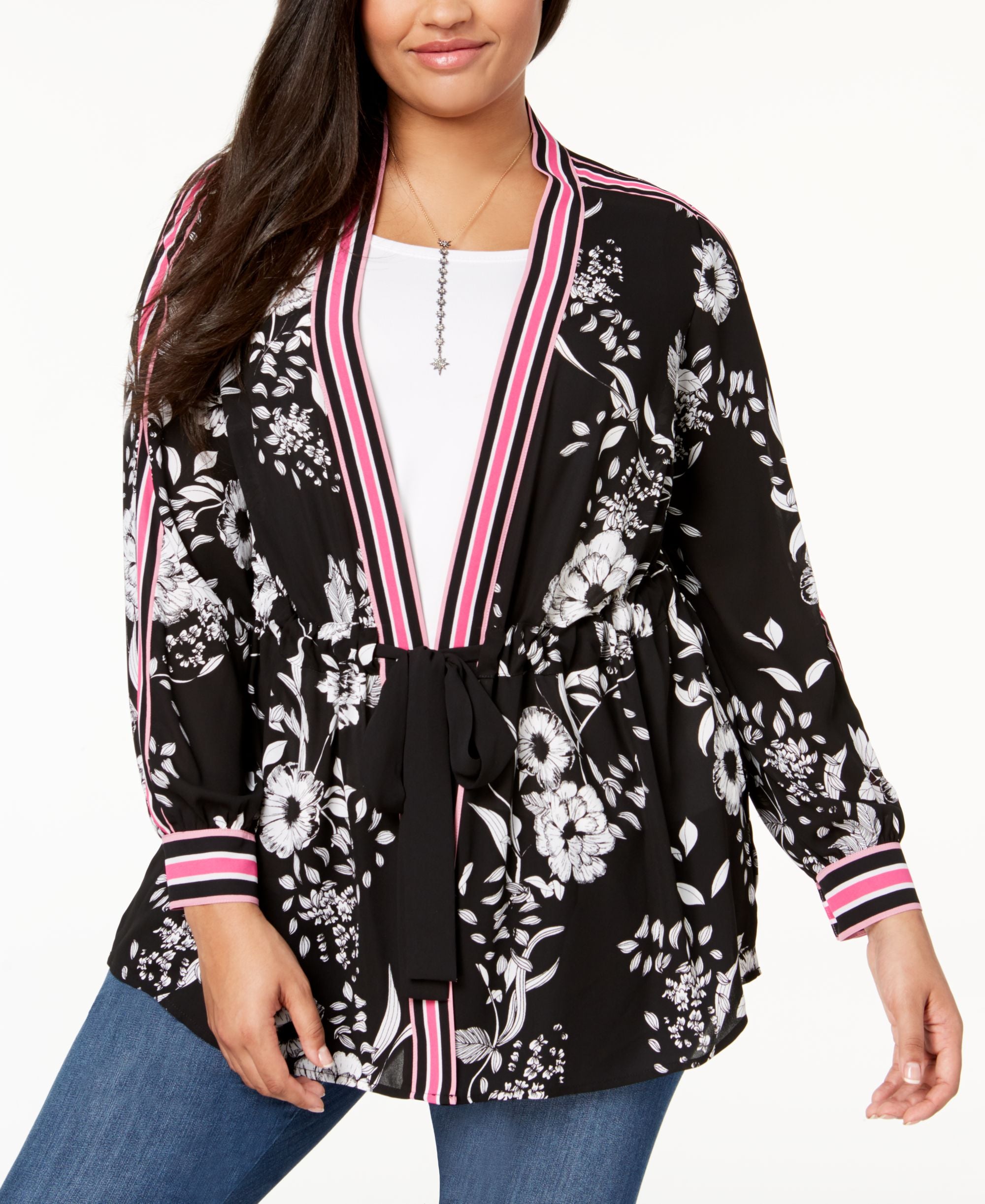 Plus Size Striped Trim Kimono