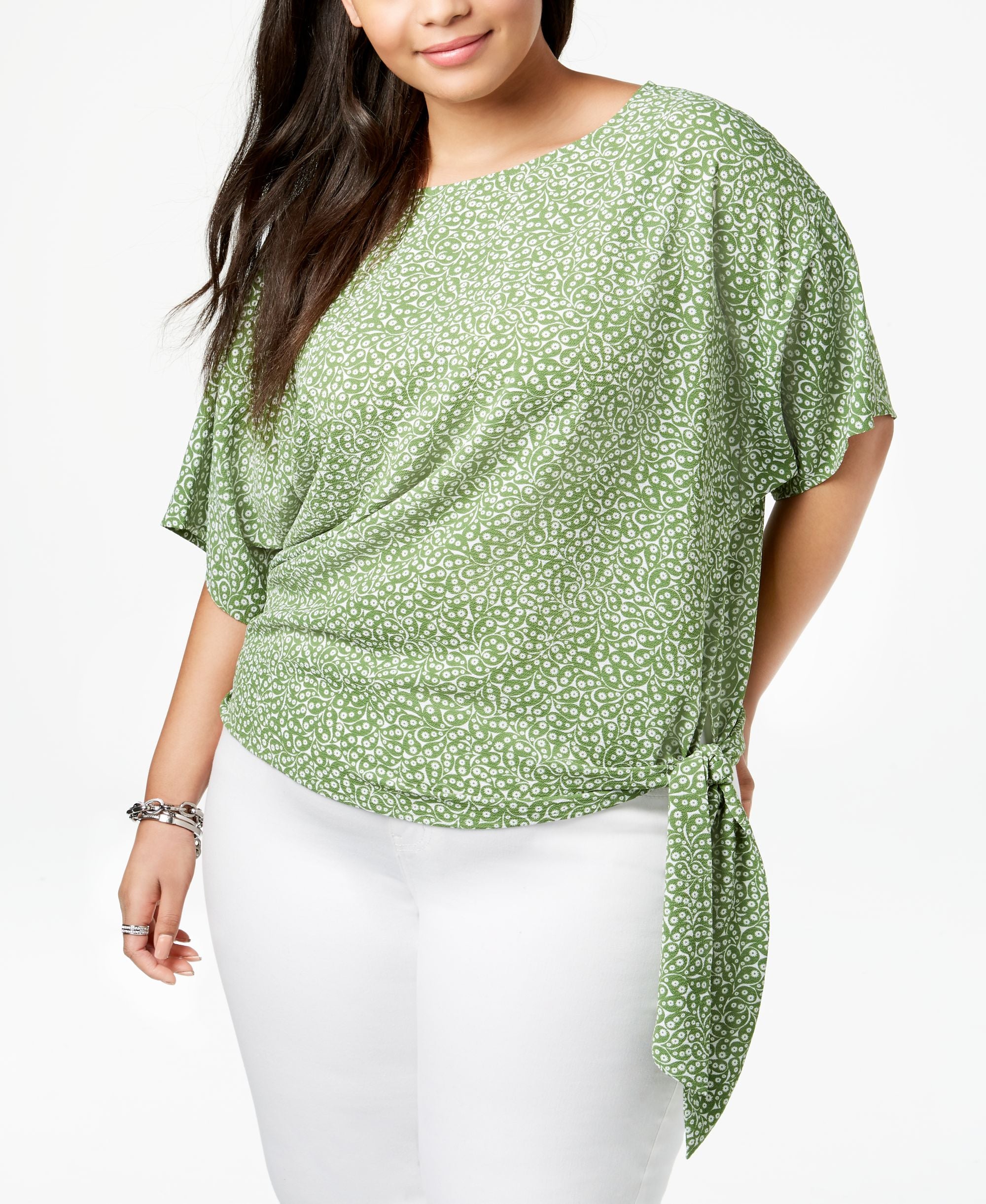 Michael Kors Women's Plus Size Printed Tie-Hem Top White/True Green 0X
