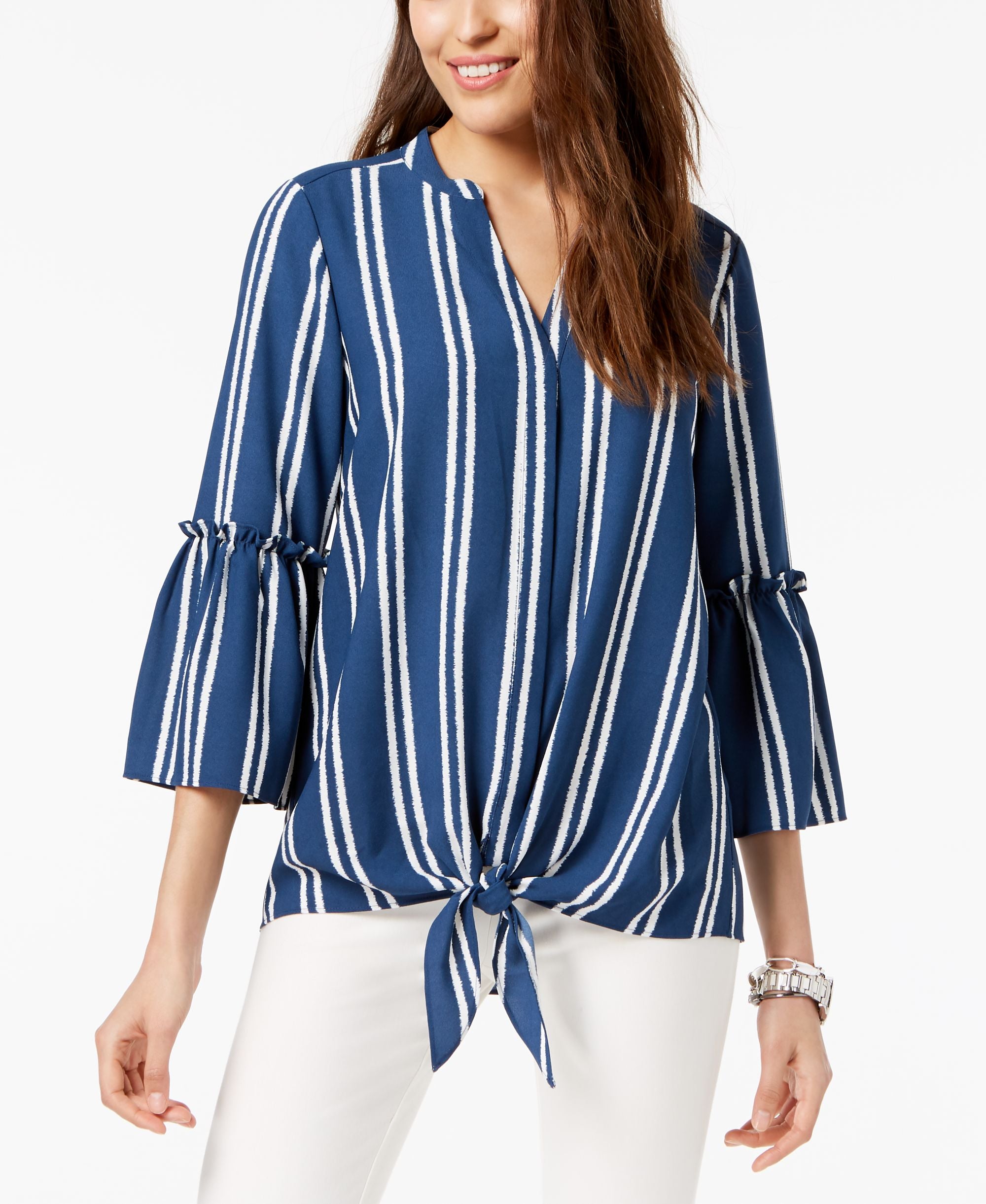 Alfani Striped Tie Front Blouse