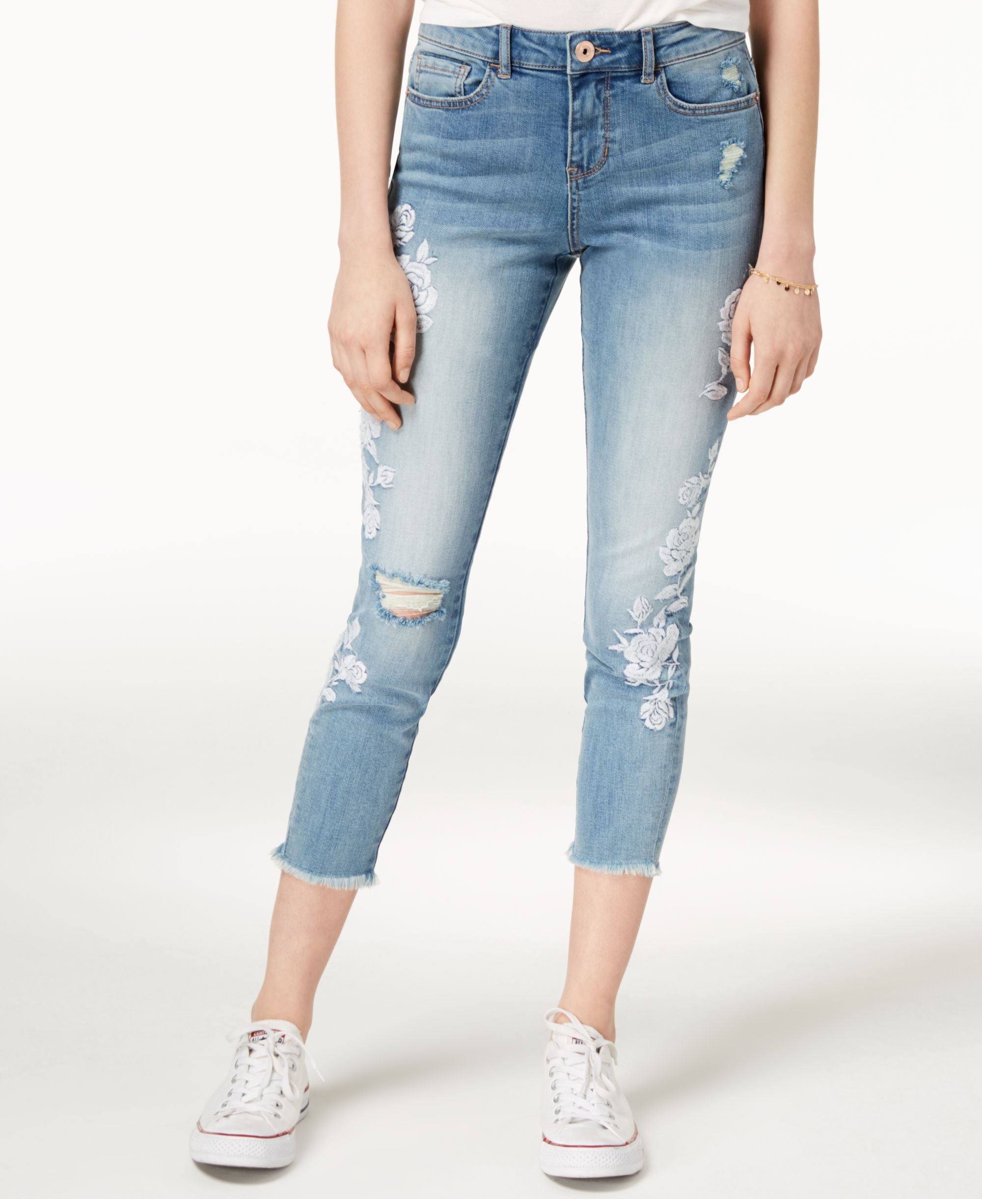 American Rag Juniors Embroidered Ripped Cropped Skinny Jeans