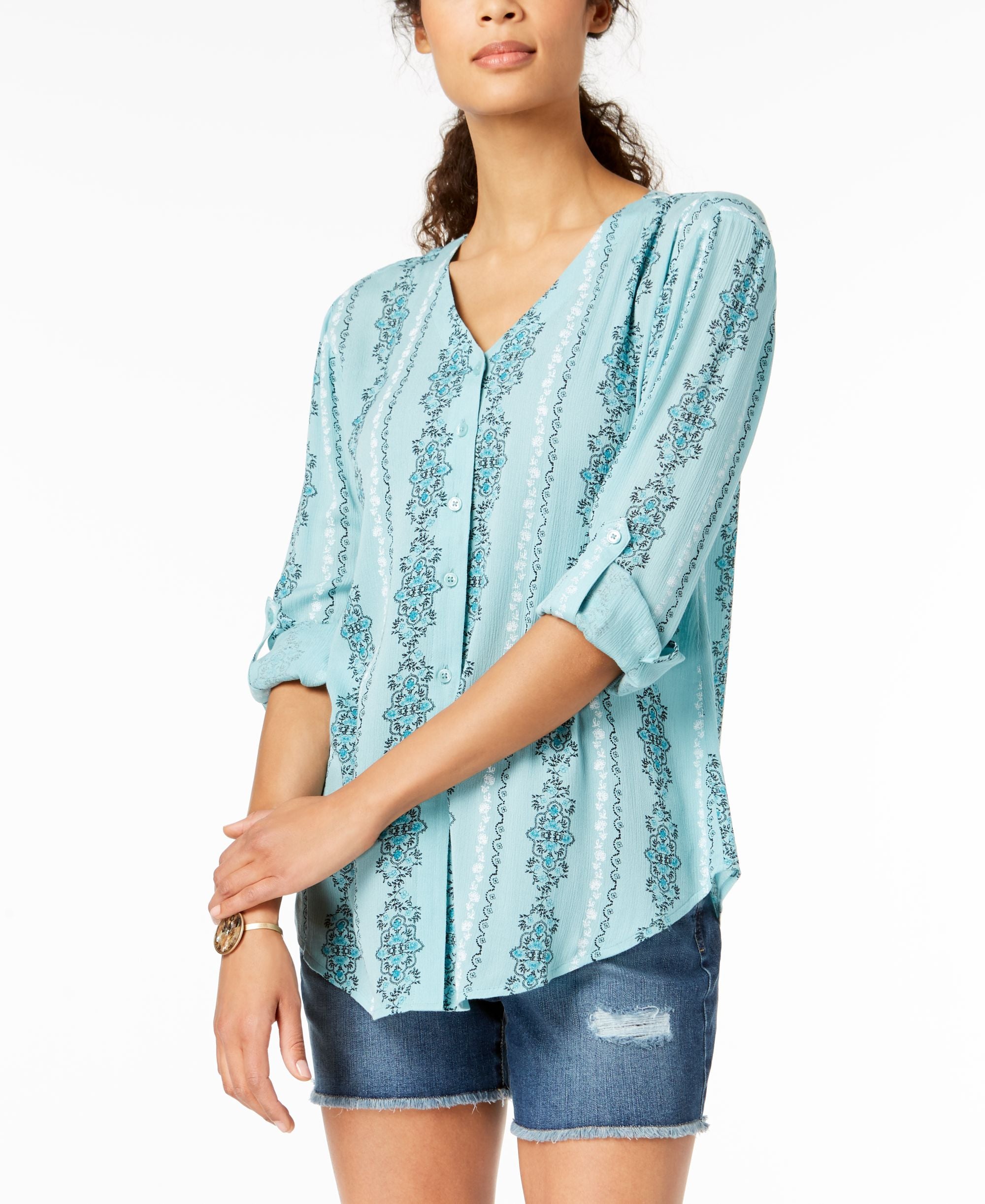 Style & Co Printed Roll Tab Tie Front Shirt