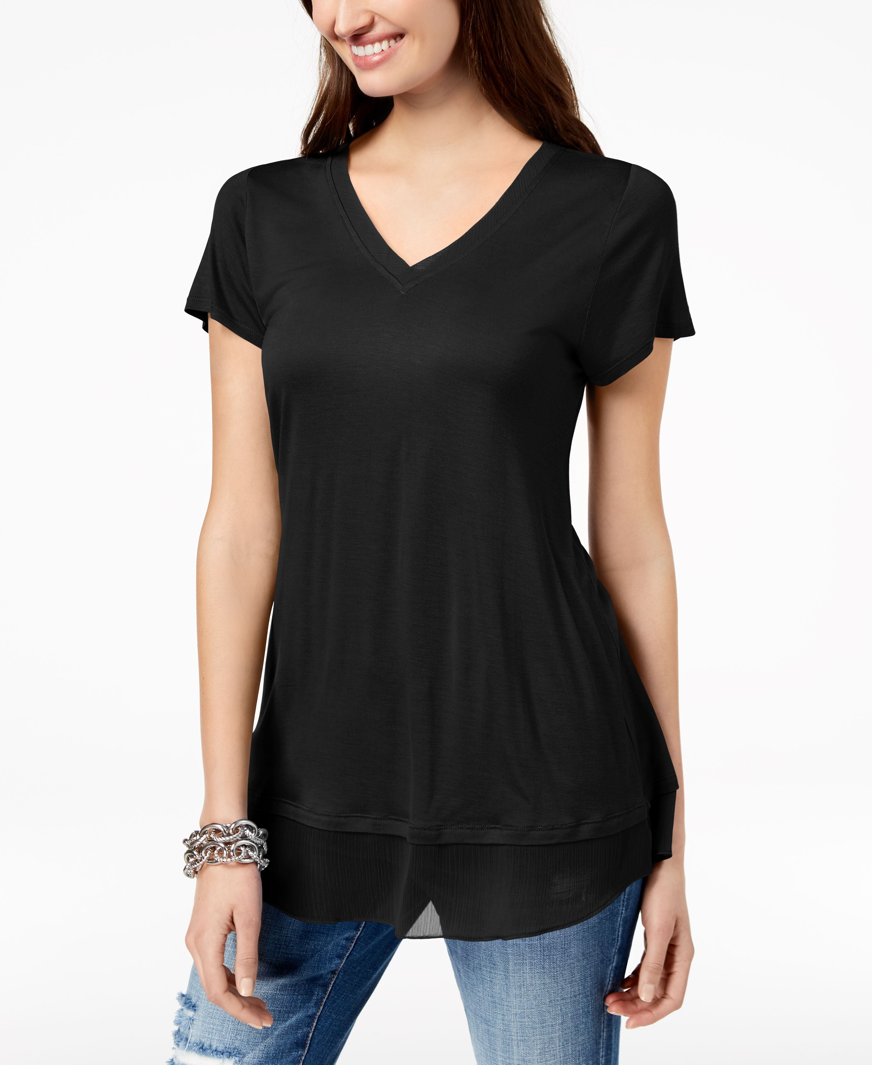 INC Womens Petites Sheer Hem Casual T-Shirt Deep Black PP